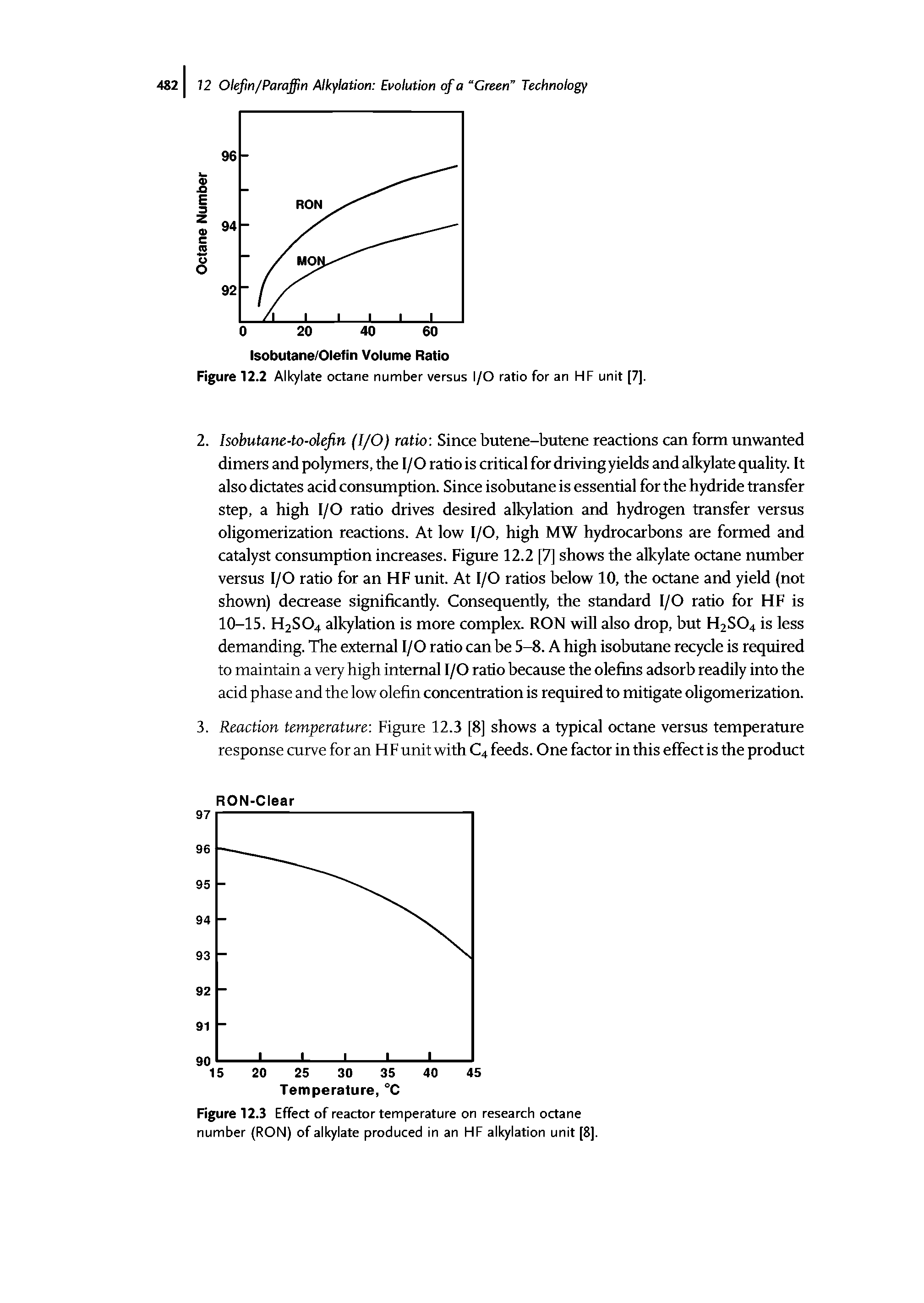 Figure 12.2 Alkylate octane number versus I/O ratio for an HF unit [7].
