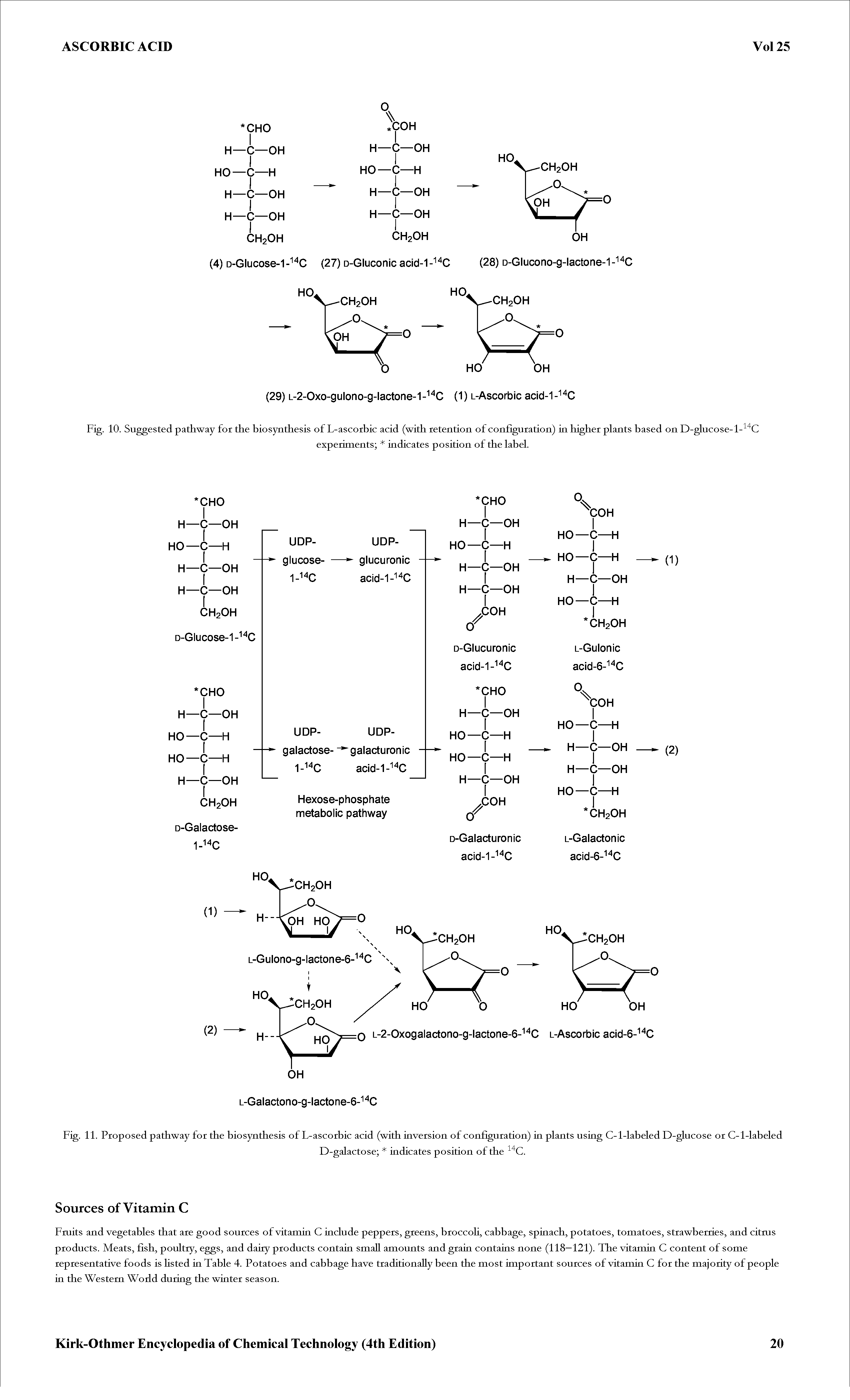 Fig. 11. Proposed pathway for the biosynthesis of L-ascorbic acid (with inversion of configuration) in plants using C-l-labeled D-glucose or C-l-labeled...