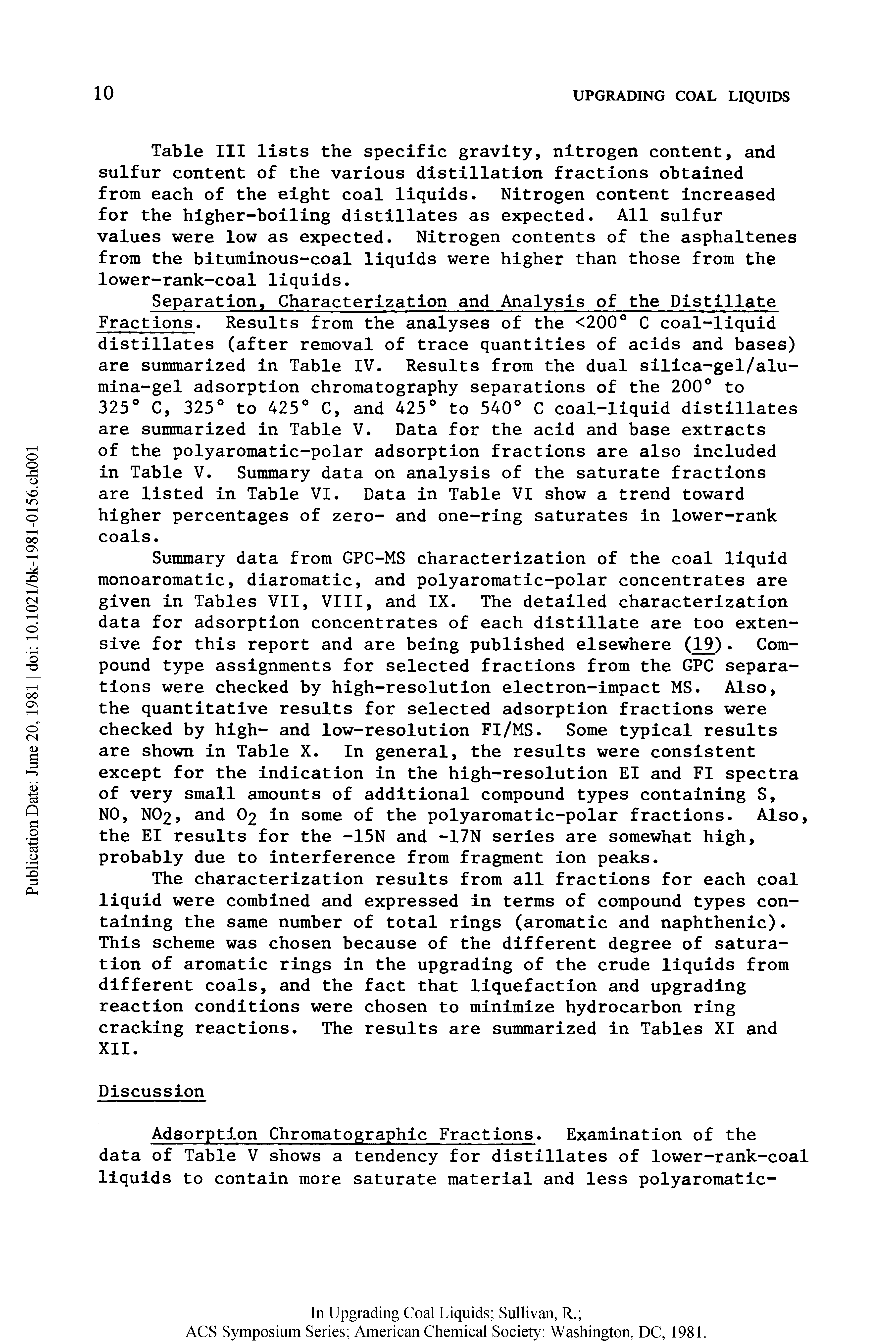 Table III lists the specific gravity, nitrogen content, and sulfur content of the various distillation fractions obtained from each of the eight coal liquids. Nitrogen content increased for the higher-boiling distillates as expected. All sulfur values were low as expected. Nitrogen contents of the asphaltenes from the bituminous-coal liquids were higher than those from the lower-rank-coal liquids.