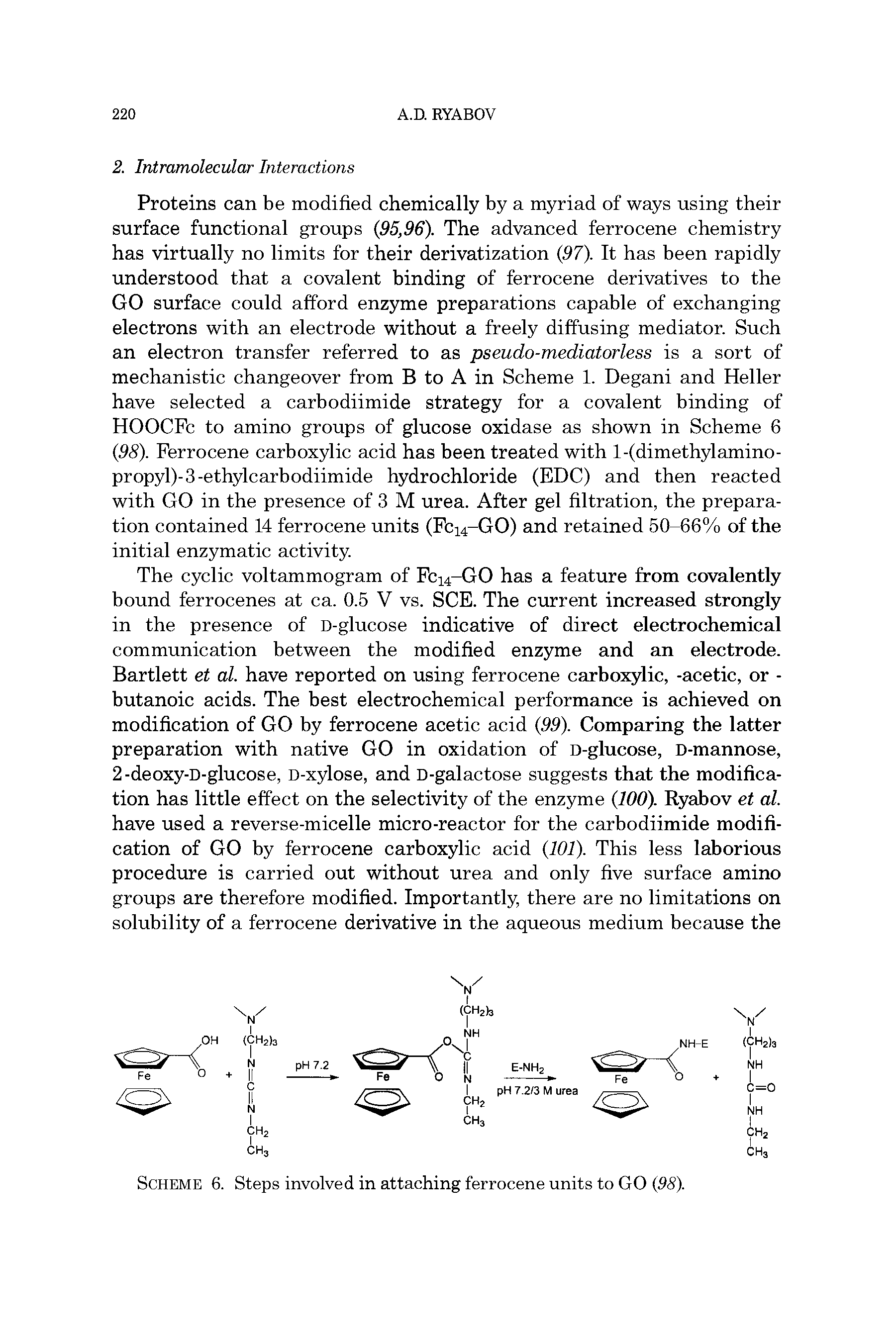 Scheme 6. Steps involved in attaching ferrocene units to GO (98).