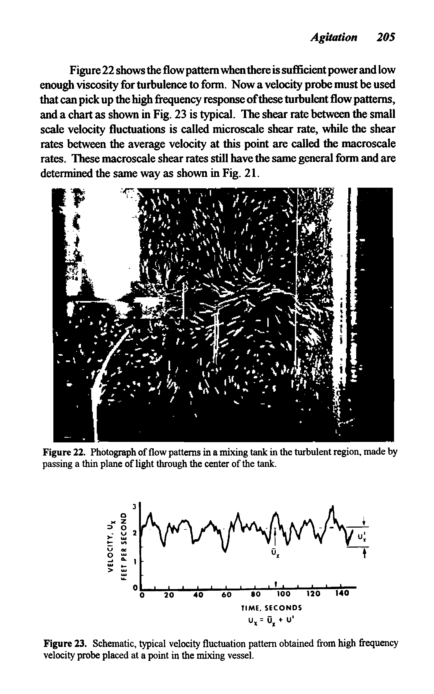 Figure 22. Photograph of flow patterns in a mixing tank in the turbulent region, made by passing a thin plane of light through the center of the tank.