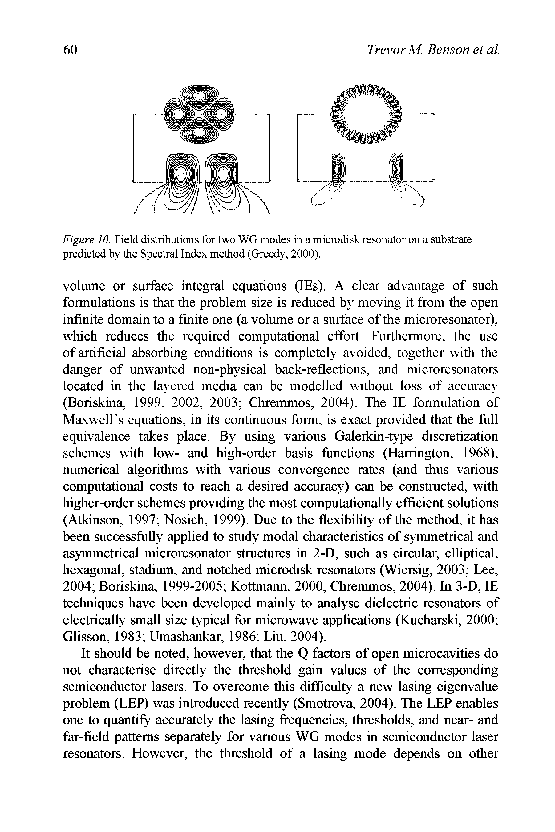 Figure 10. Field distributions for two WG modes in a microdisk resonator on a substrate predicted by the Spectral Index method (Greedy, 2000).