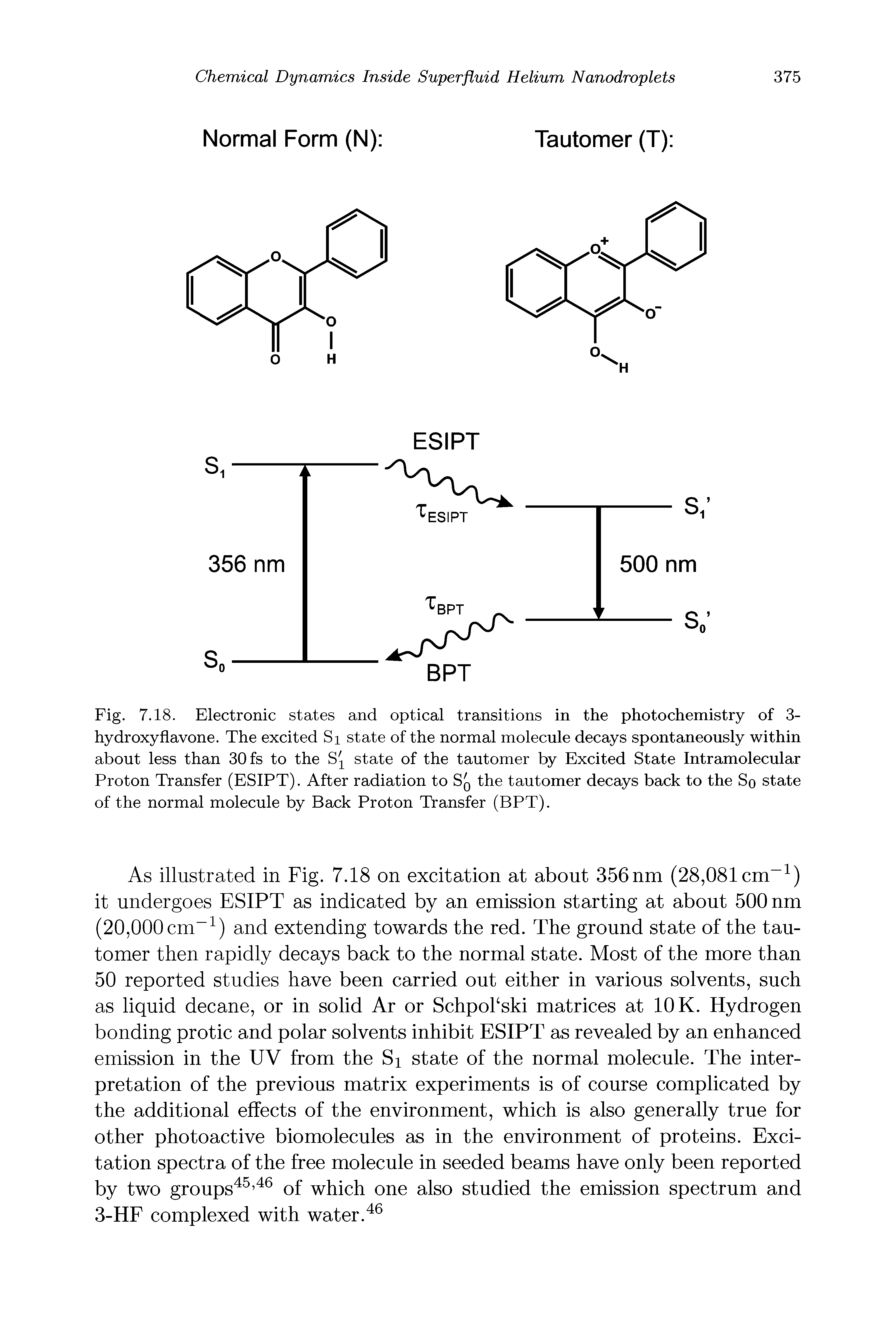 Fig. 7.18. Electronic states and optical transitions in the photochemistry of 3-hydroxyflavone. The excited Si state of the normal molecule decays spontaneously within about less than 30 fs to the state of the tautomer by Excited State Intramolecular Proton Transfer (ESIPT). After radiation to Sq the tautomer decays back to the So state of the normal molecule by Back Proton Transfer (BPT).