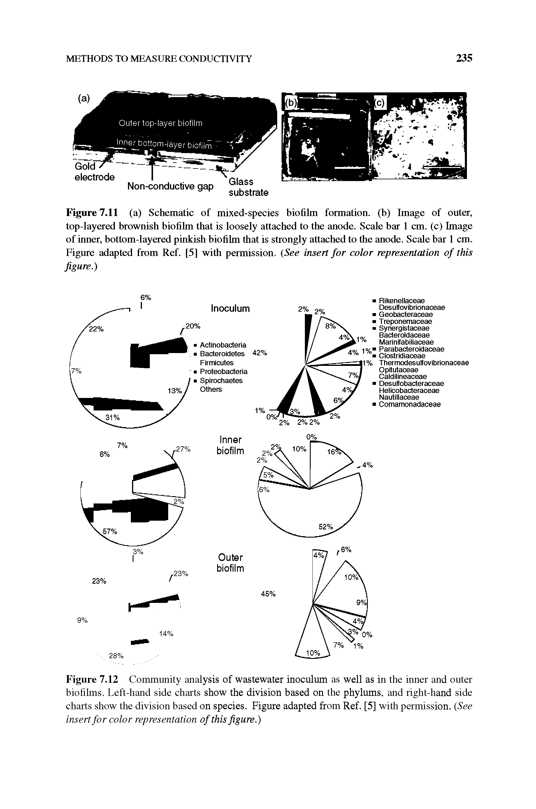 Figure 7.12 Community analysis of wastewater inoculum as well as in the inner and outer biofilms. Left-hand side charts show the division based on the phylums, and right-hand side charts show the division based on species. Figure adapted from Ref. [5] with permission. (See insert for color representation of this figure.)...