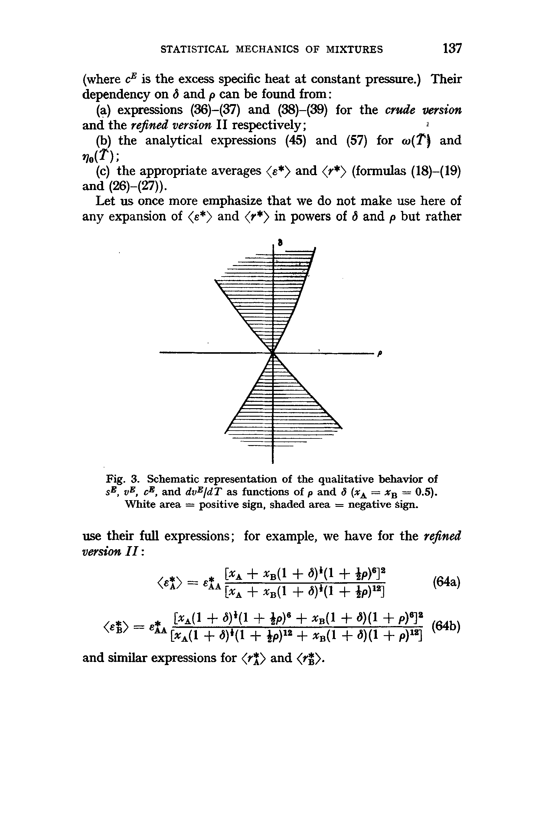 Fig. 3. Schematic representation of the qualitative behavior of sE, vE, cE, and dvE/dT as functions of p and d (xA = xB = 0.5). White area = positive sign, shaded area = negative Sign.