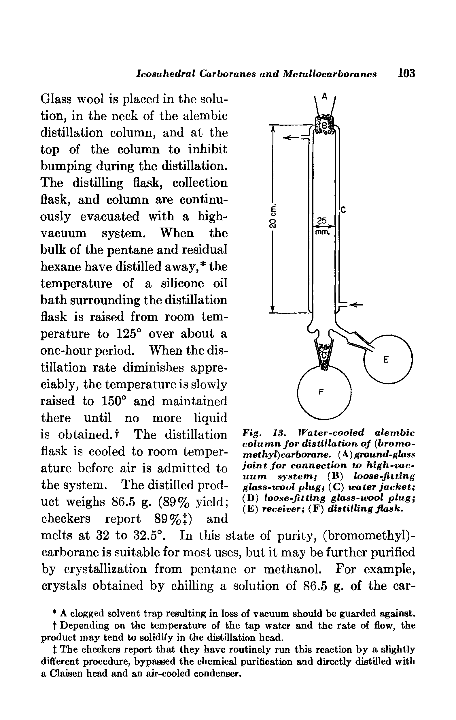 Fig. 13. Water-cooled alembic column for distillation of (bromo-methyl)carborane. A) ground-glass joint for connection to high-vacuum system (B) loose-fitting glass-wool plug (C) water Jacket ...