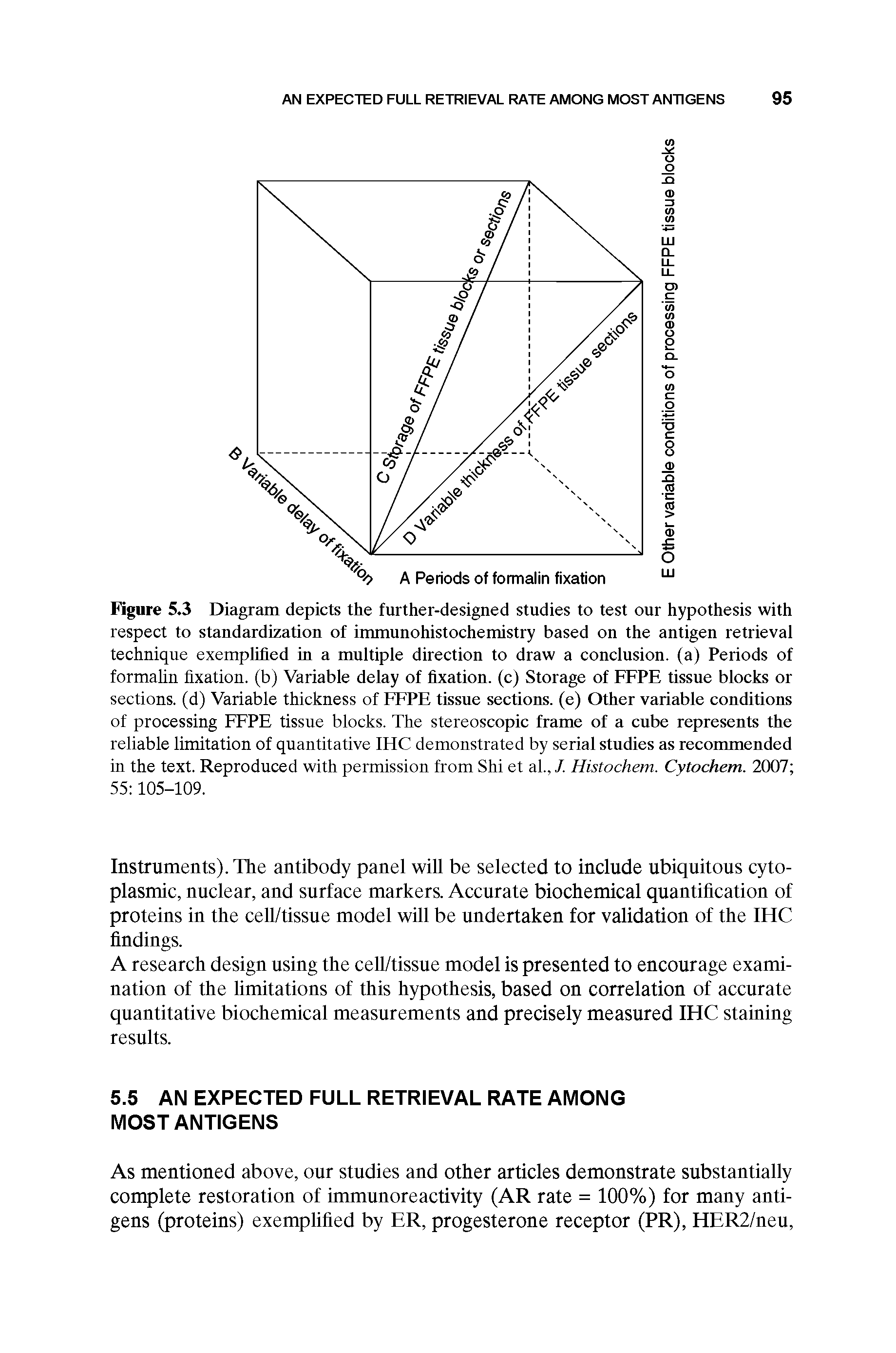 Figure 5.3 Diagram depicts the further-designed studies to test our hypothesis with respect to standardization of immunohistochemistry based on the antigen retrieval technique exemplified in a multiple direction to draw a conclusion, (a) Periods of formalin fixation, (b) Variable delay of fixation, (c) Storage of FFPE tissue blocks or sections, (d) Variable thickness of FFPE tissue sections, (e) Other variable conditions of processing FFPE tissue blocks. The stereoscopic frame of a cube represents the reliable limitation of quantitative IFIC demonstrated by serial studies as recommended in the text. Reproduced with permission from Shi et al., J. Histochem. Cytochem. 2007 55 105-109.