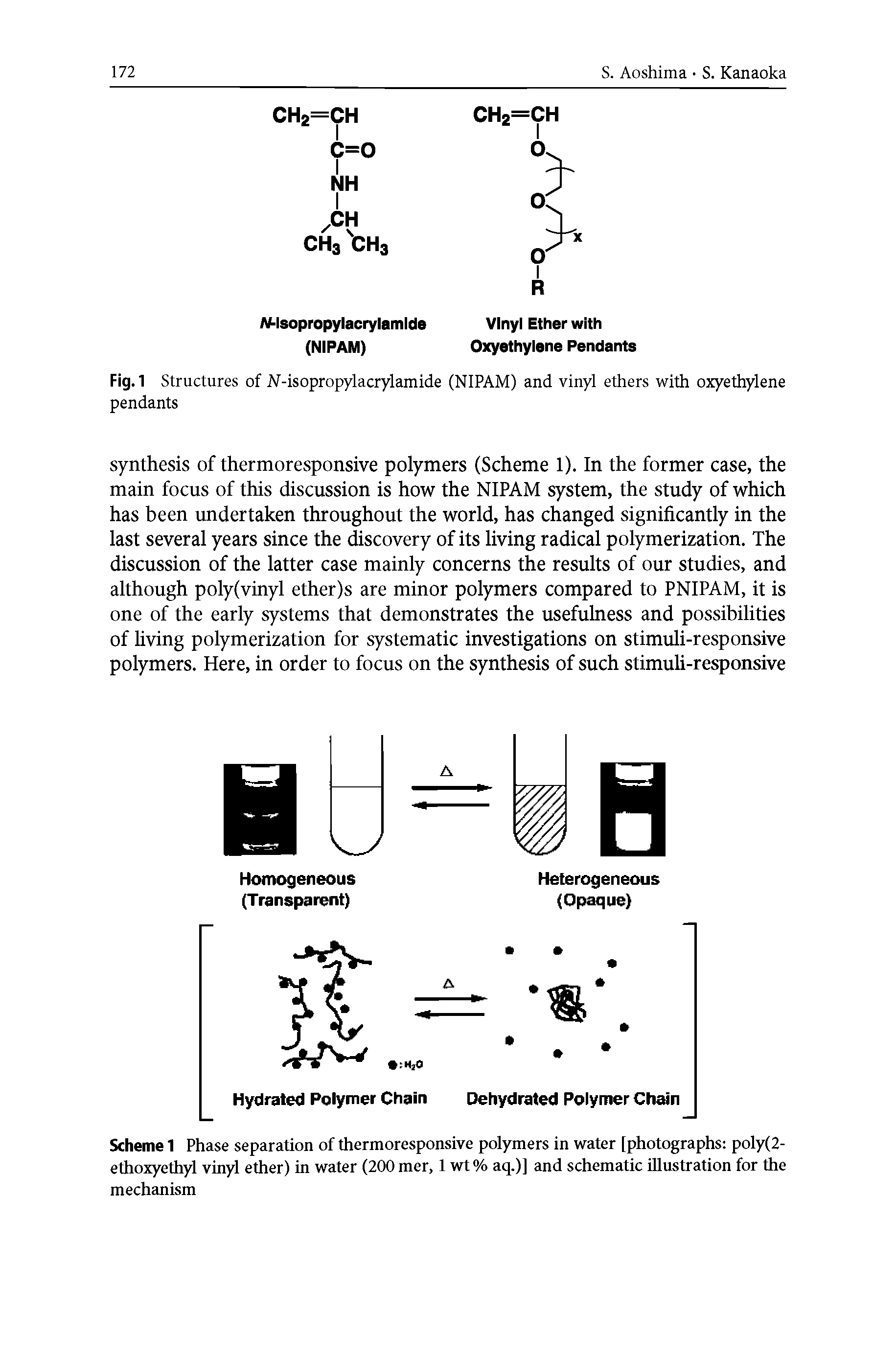 Scheme 1 Phase separation of thermoresponsive polymers in water [photographs poly(2-ethoxyethyl vinyl ether) in water (200 mer, 1 wt% aq.)] and schematic illustration for the mechanism...