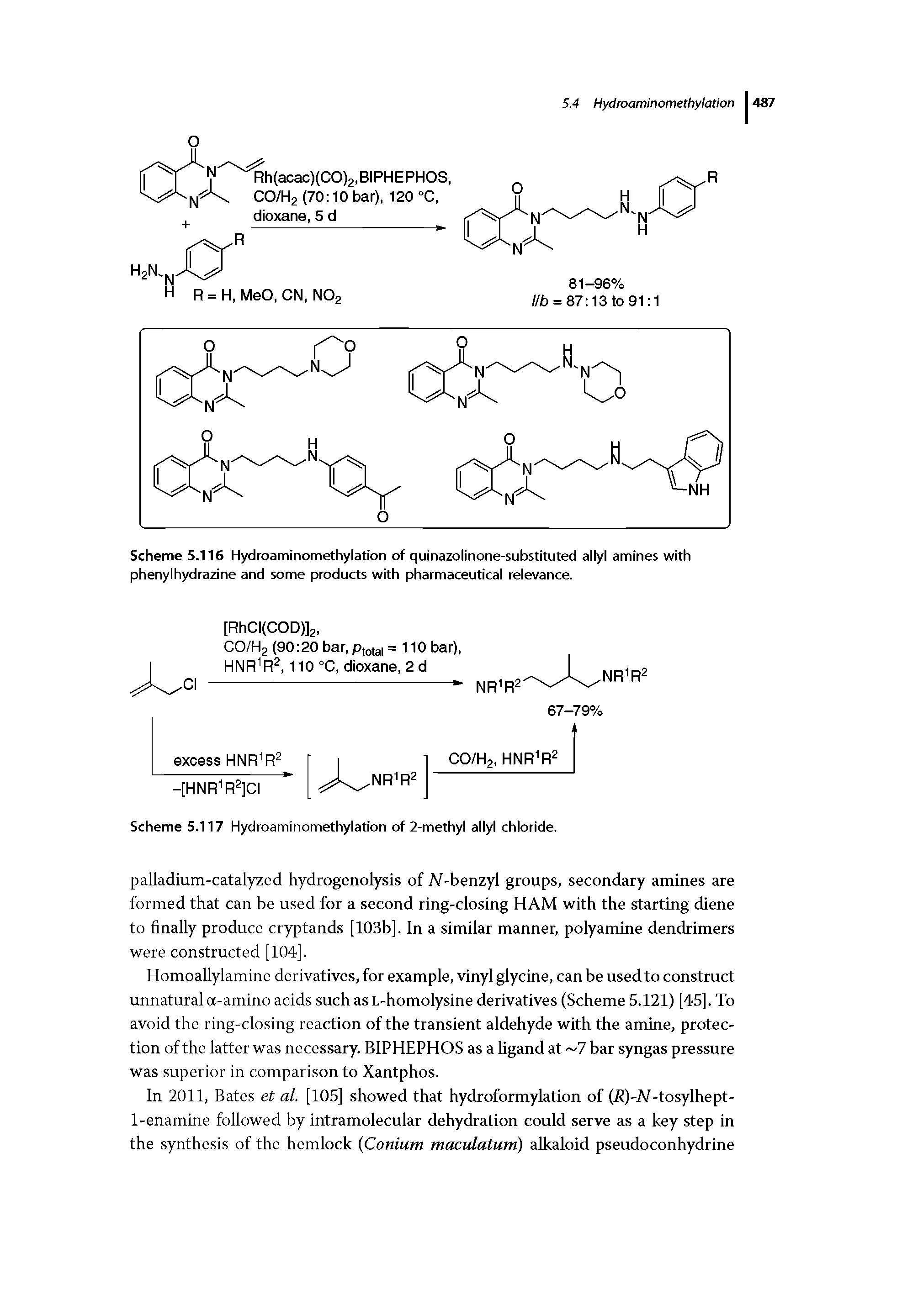 Scheme 5.116 Hydroaminomethylation of quinazolinone-substituted allyl amines with phenylhydrazine and some products with pharmaceutical relevance.