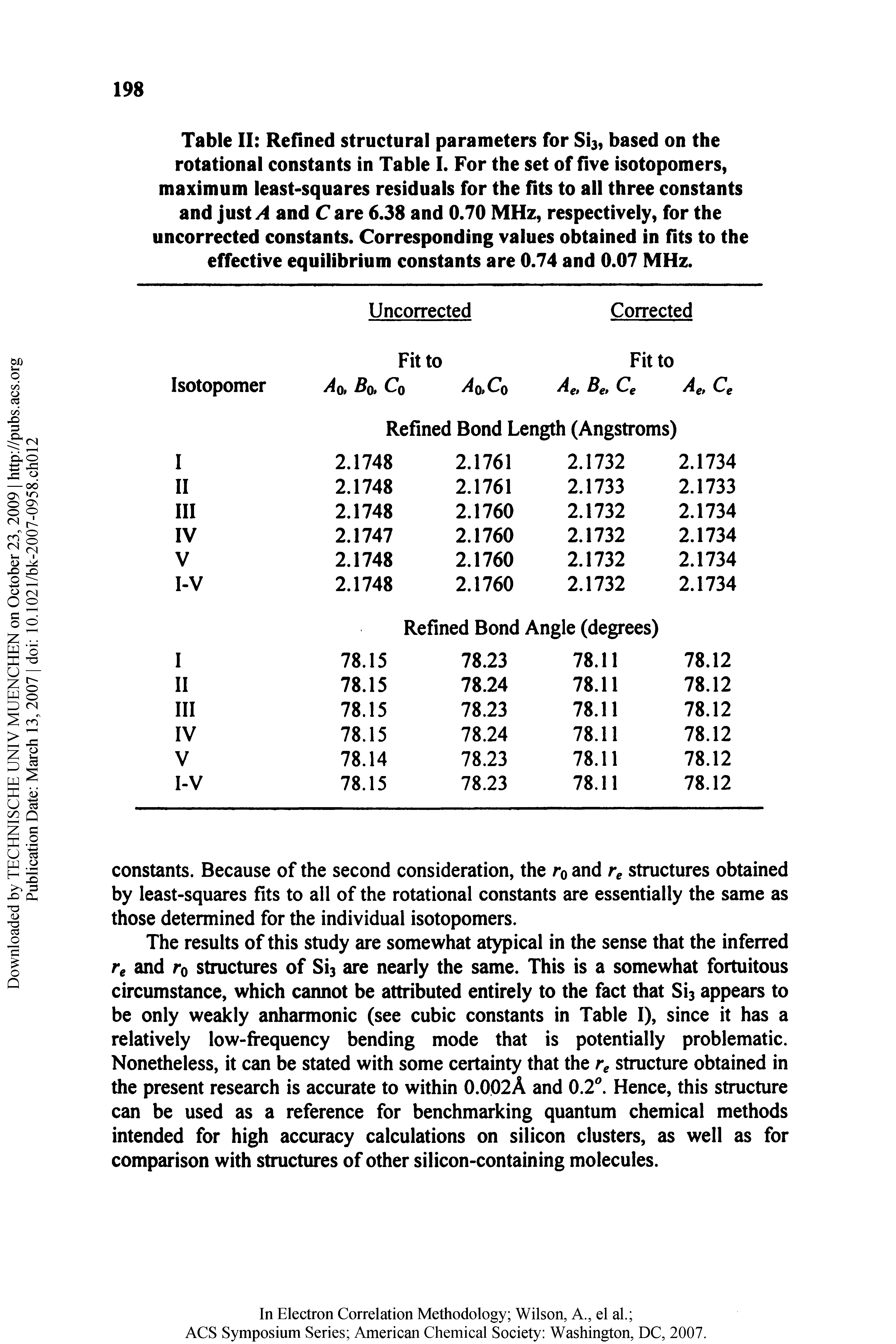 Table II Reflned structural parameters for Sia, based on the rotational constants in Table I. For the set of five isotopomers, maximum least-squares residuals for the fits to all three constants...