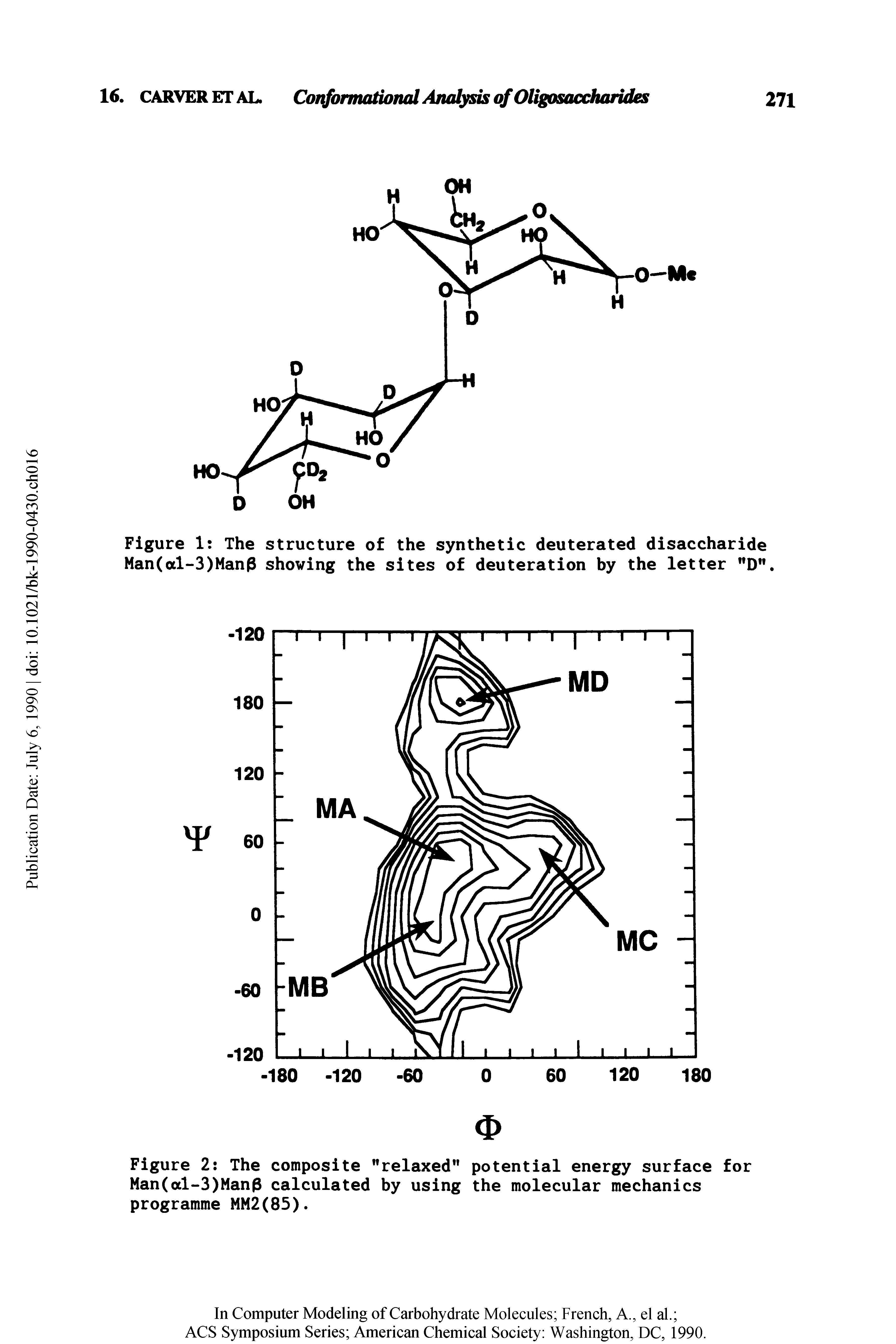 Figure 2 The composite "relaxed" potential energy surface for Man(al-3)Man3 calculated by using the molecular mechanics programme MM2(85).