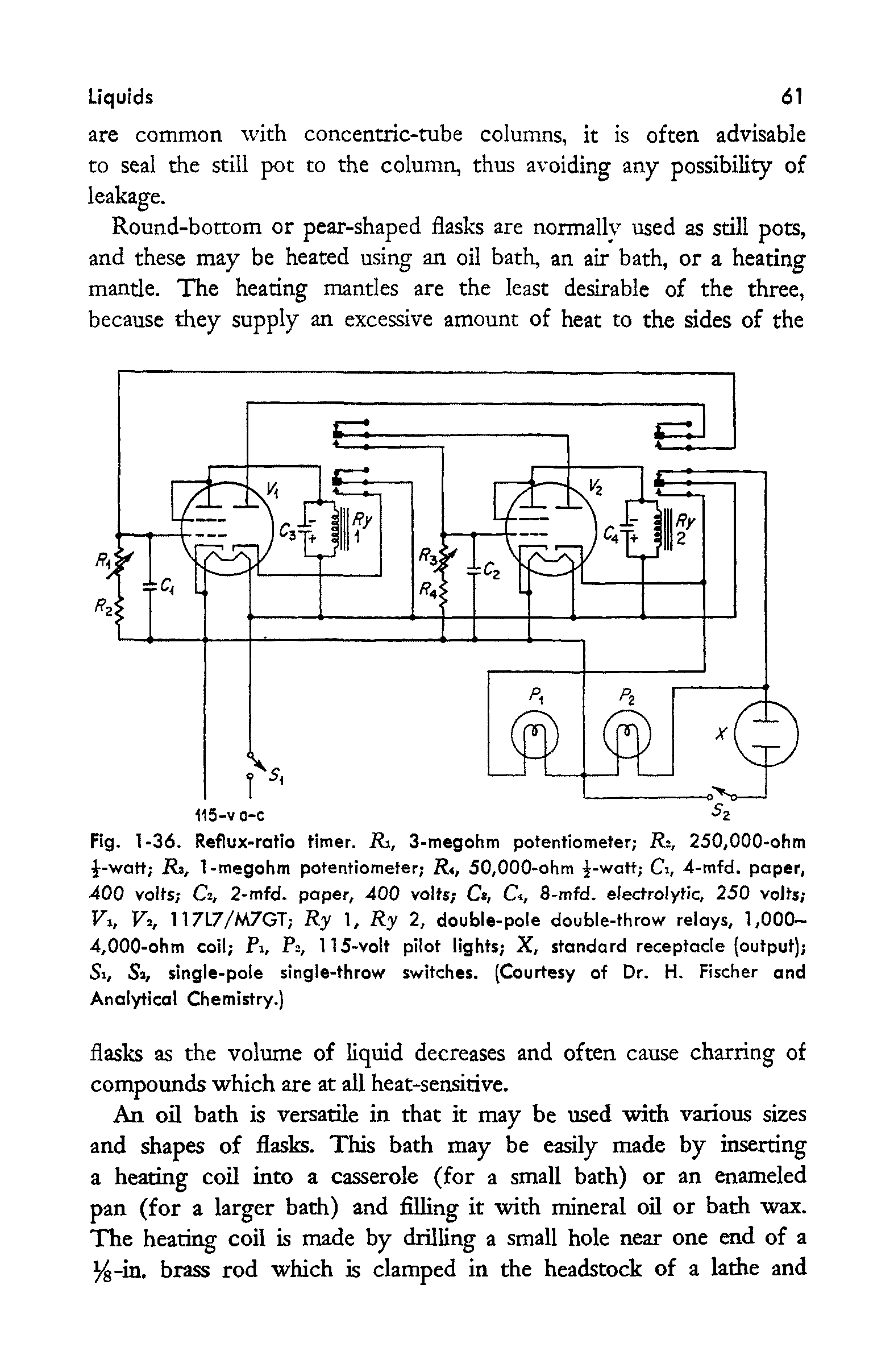 Fig. 1-36. Reflux-ratio timer. Ri, 3-megohm potentiometer R , 250,000-ohm J-watt Ra, 1-megohm potentiometer Rt, 50,000-ohm -watt Ci, 4-mfd. paper, 400 volts Cl, 2-mfd. paper, 400 volts Ct, C<, 8-mfd. electrolytic, 250 volts Vt, Fa, 117L7/M7GT Ry 1, Ry 2, double-pole double-throw relays, 1,000— 4,000-ohm coil Pi, Pa, 115-volt pilot lights X, standard receptacle (output) Si, Sa, single-pole single-throw switches. (Courtesy of Dr. H. Fischer and Analytical Chemistry.)...