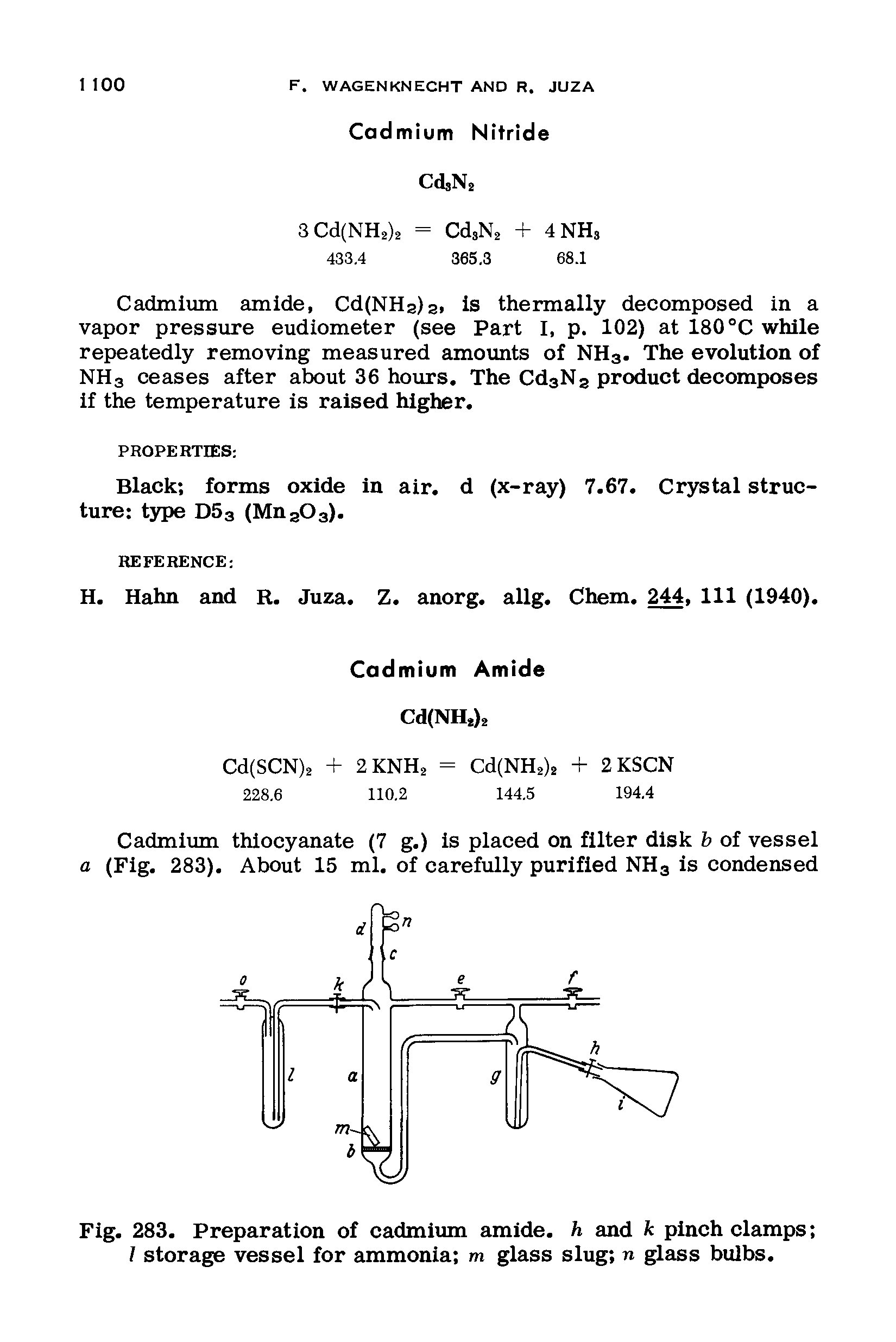 Fig. 283. Preparation of cadmium amide, h and k pinch clamps 1 storage vessel for ammonia m glass slug n glass bulbs.