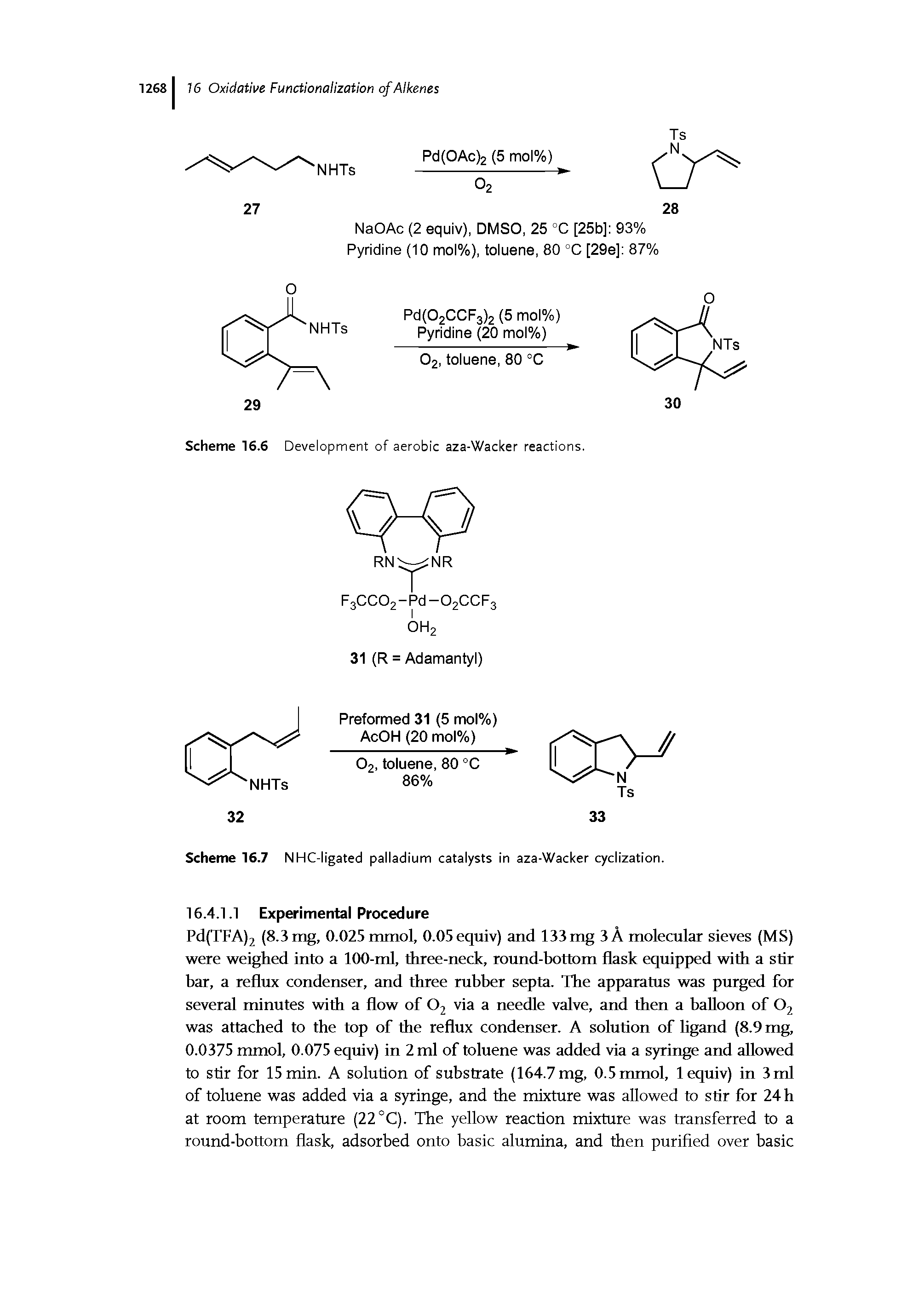 Scheme 16.7 NHC-ligated palladium catalysts in aza-Wacker cyclization.