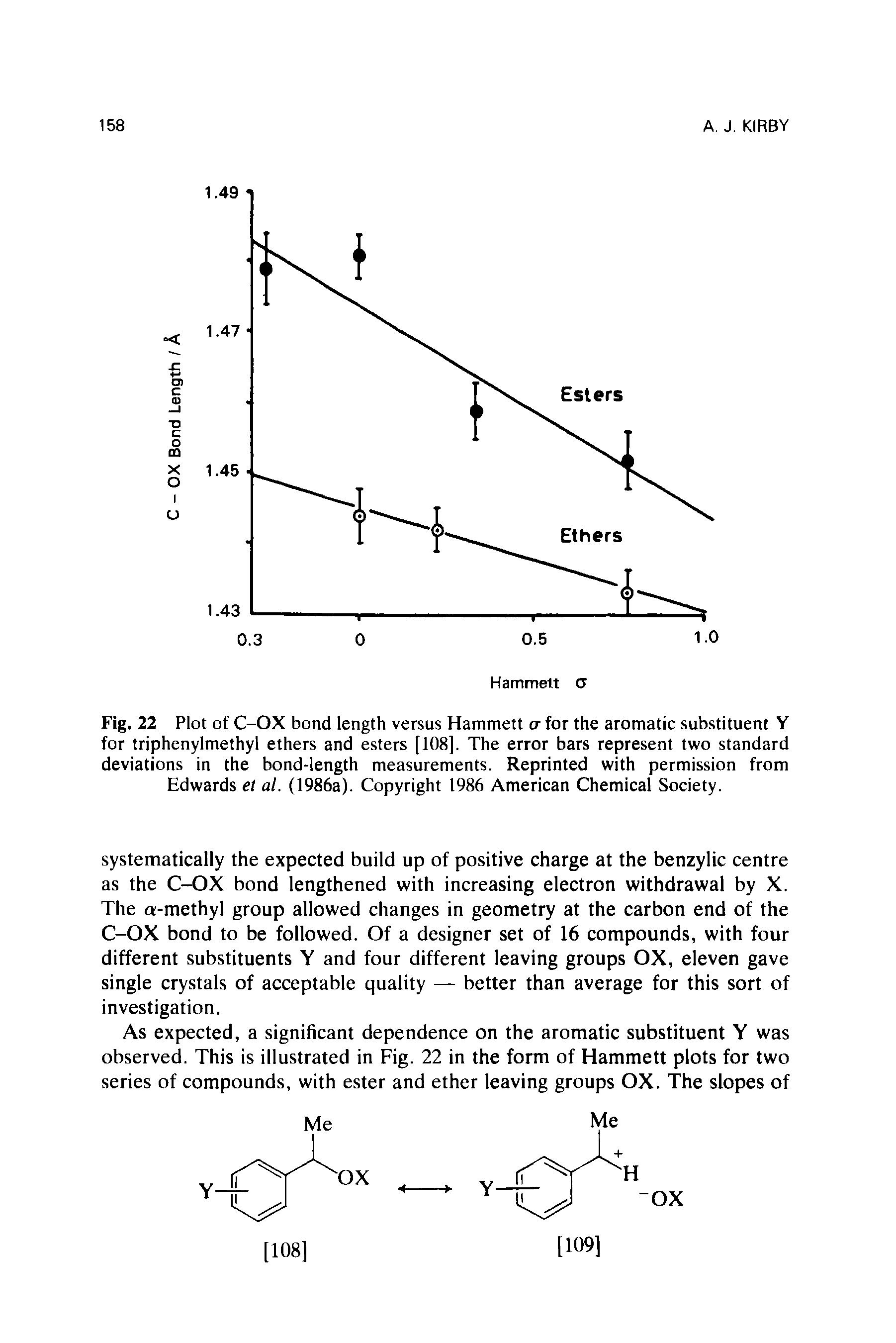 Fig. 22 Plot of C-OX bond length versus Hammett a for the aromatic substituent Y for triphenylmethyl ethers and esters [108]. The error bars represent two standard deviations in the bond-length measurements. Reprinted with permission from Edwards et al. (1986a). Copyright 1986 American Chemical Society.