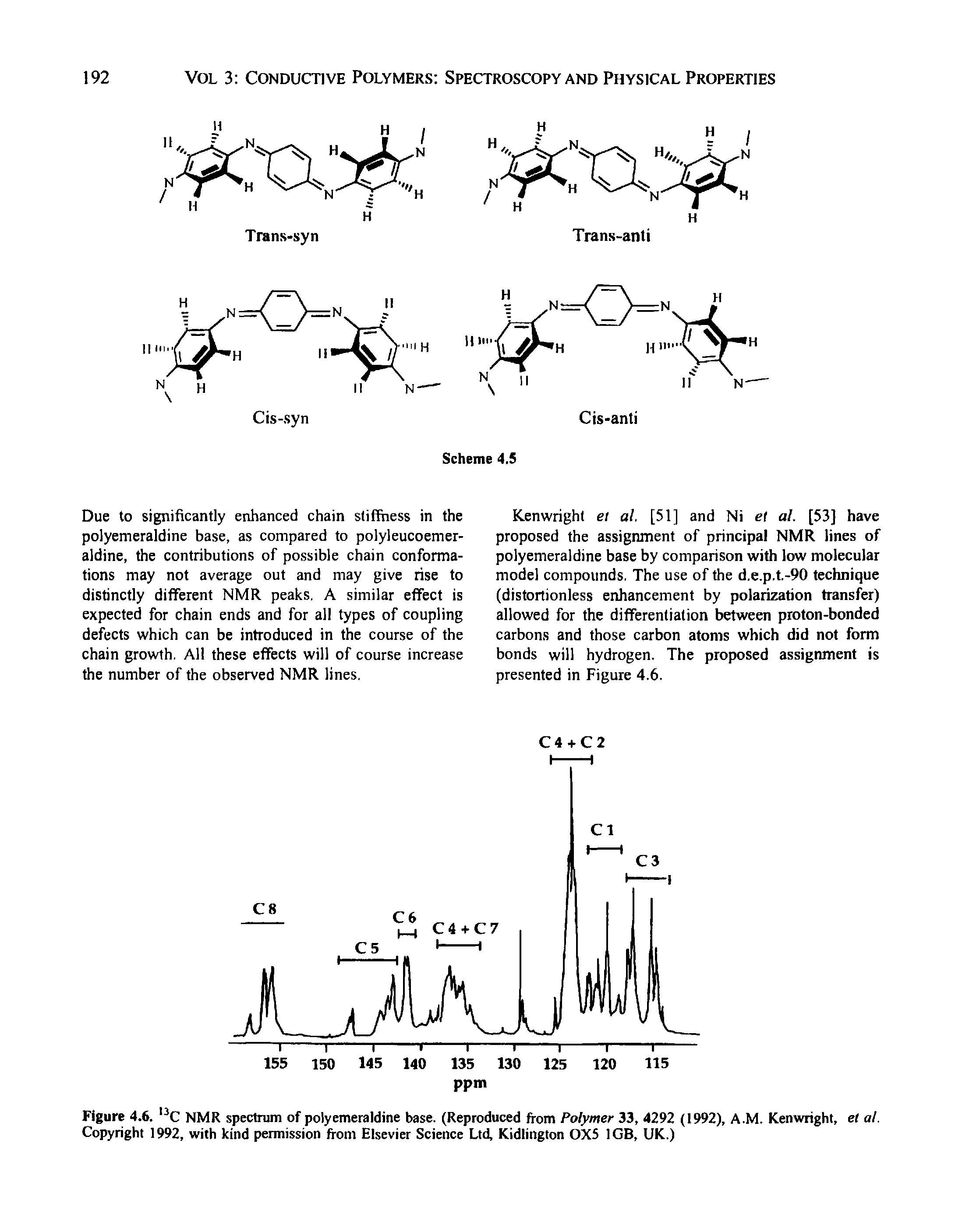 Figure 4.6. C NMR spectrum of polyemeraldine base. (Reproduced from Polymer 33, 4292 (1992), A.M. Kenwright, et al. Copyright 1992, with kind permission from Elsevier Science Ltd, Kidlington 0X5 1GB, UK.)...