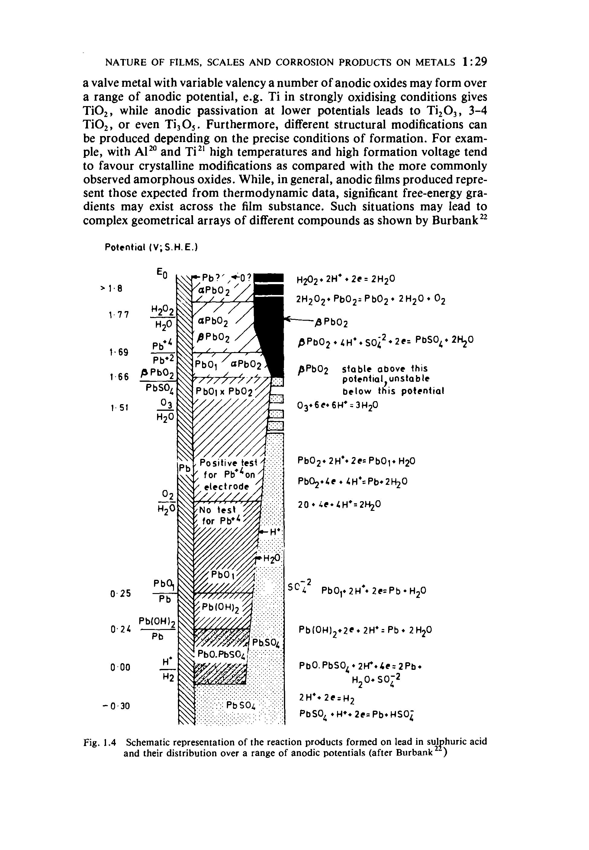 Fig. 1.4 Schematic representation of the reaction products formed on lead in sulphuric acid and their distribution over a range of anodic potentials (after Burbank...