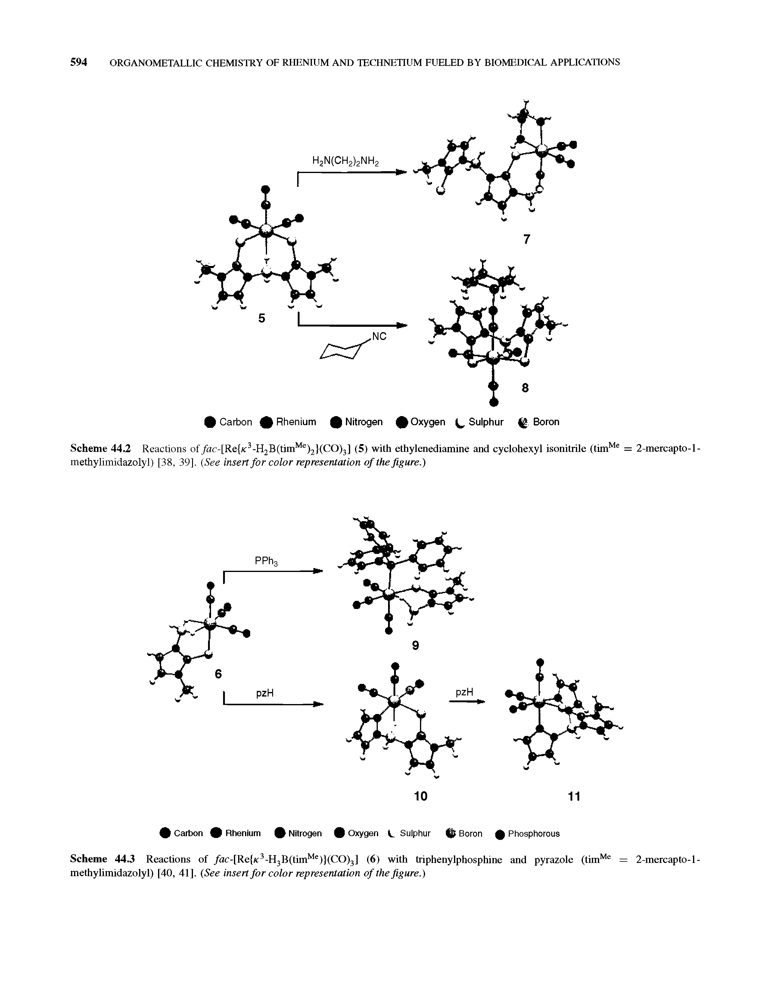 Scheme 44.2 Reactions of/ac-[Re -H2B(tim )2 (CO)3] (5) with ethylenediamine and cyclohexyl isonitrile (tim = 2-mercapto-l-methylimidazolyl) [38, 39]. (See insert for color representation of the figure.)...