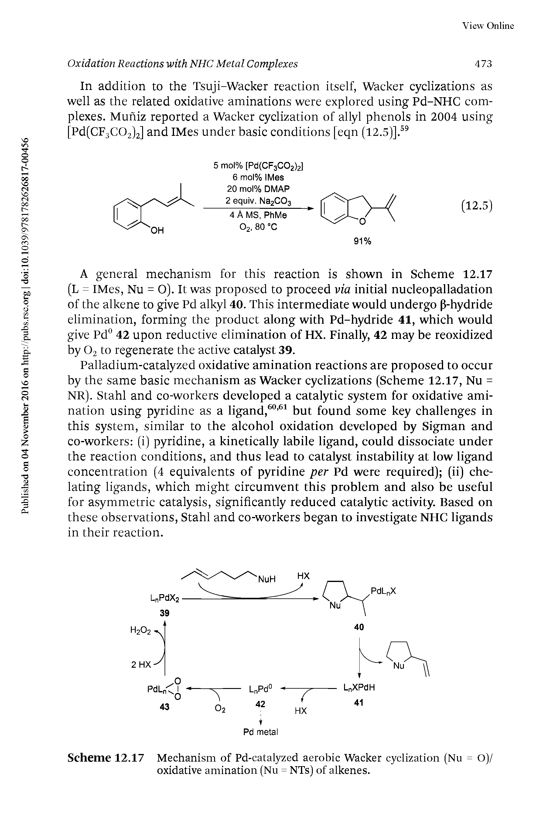 Scheme 12.17 Mechanism of Pd-catalyzed aerobic Wacker cyclization (Nu = O)/ oxidative amination (Nu = NTs) of alkenes.