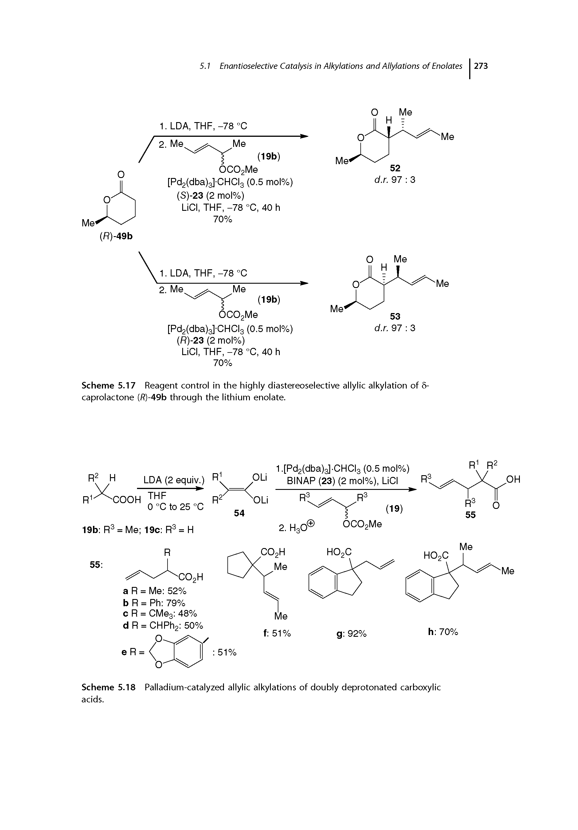 Scheme 5.18 Palladium-catalyzed allylic alkylations of doubly deprotonated carboxylic acids.
