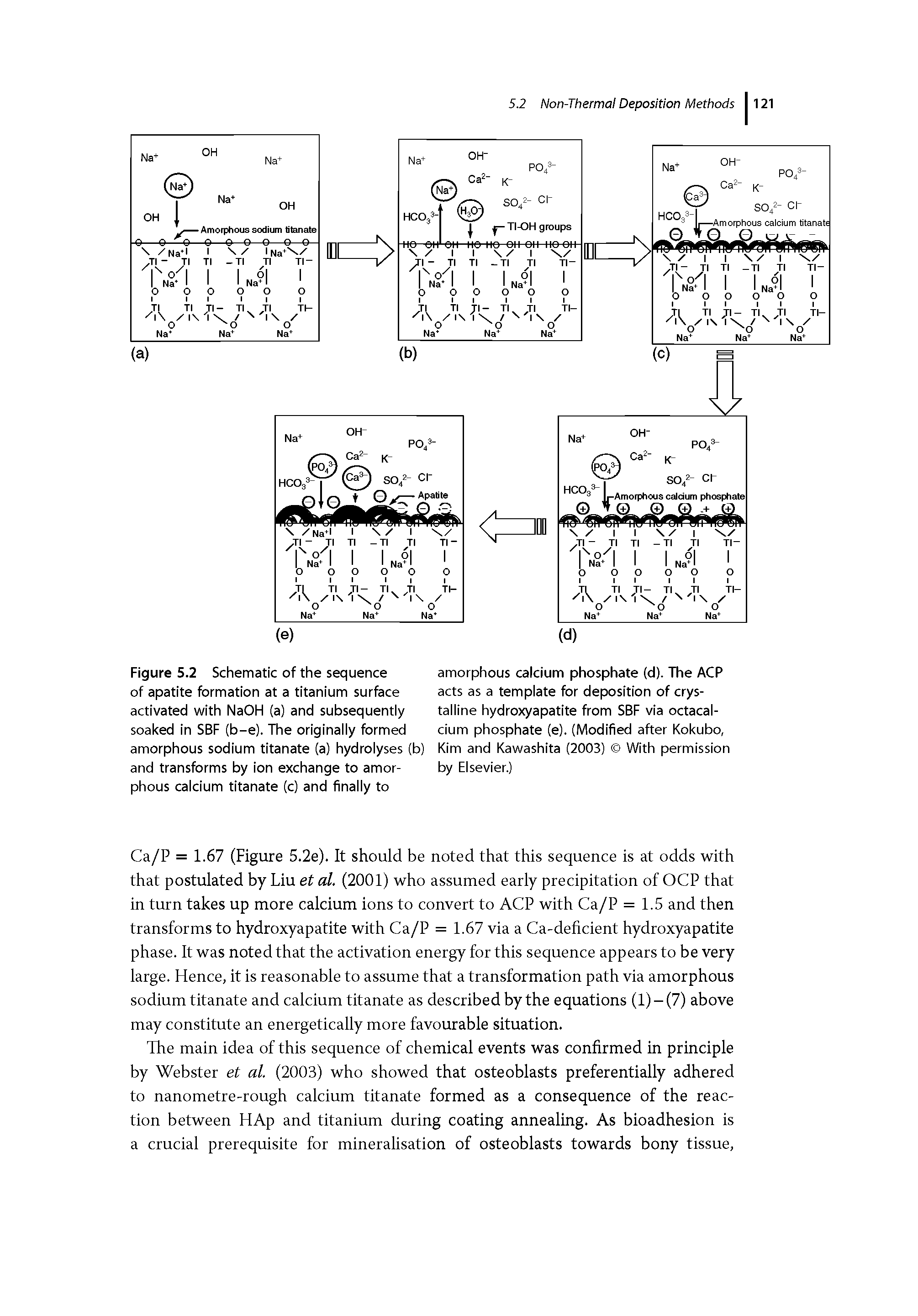 Figure 5.2 Schematic of the sequence of apatite formation at a titanium surface activated with NaOH (a) and subsequently soaked in SBF (b-e). The originally formed amorphous sodium titanate (a) hydrolyses (b) and transforms by ion exchange to amorphous calcium titanate (c) and finally to...