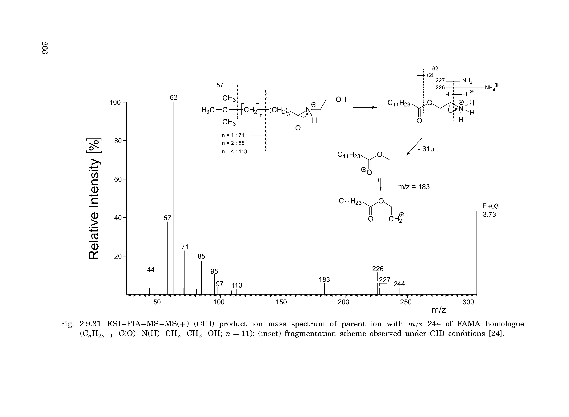 Fig. 2.9.31. ESI-FIA-MS-MS(+) (CID) product ion mass spectrum of parent ion with m/z 244 of FAMA homologue (C H2 +1-C(0)-N(H)-CH2-CH2-0H n = 11) (inset) fragmentation scheme observed under CID conditions [24].