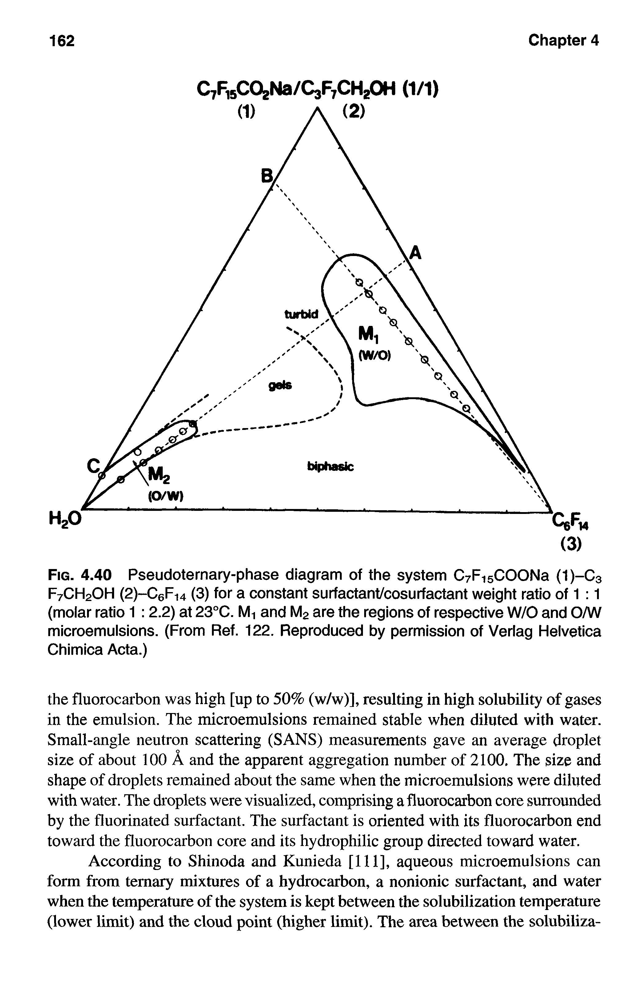 Fig. 4.40 Pseudoternary-phase diagram of the system CyFisCOONa (1)-C3 F7CH2OH (2)-C6Fi4 (3) for a constant surfactant/cosurfactant weight ratio of 1 1 (molar ratio 1 2.2) at 23°C. Mi and M2 are the regions of respective W/0 and O/W microemulsions. (From Ref. 122. Reproduced by permission of Verlag Helvetica Chimica Acta.)...