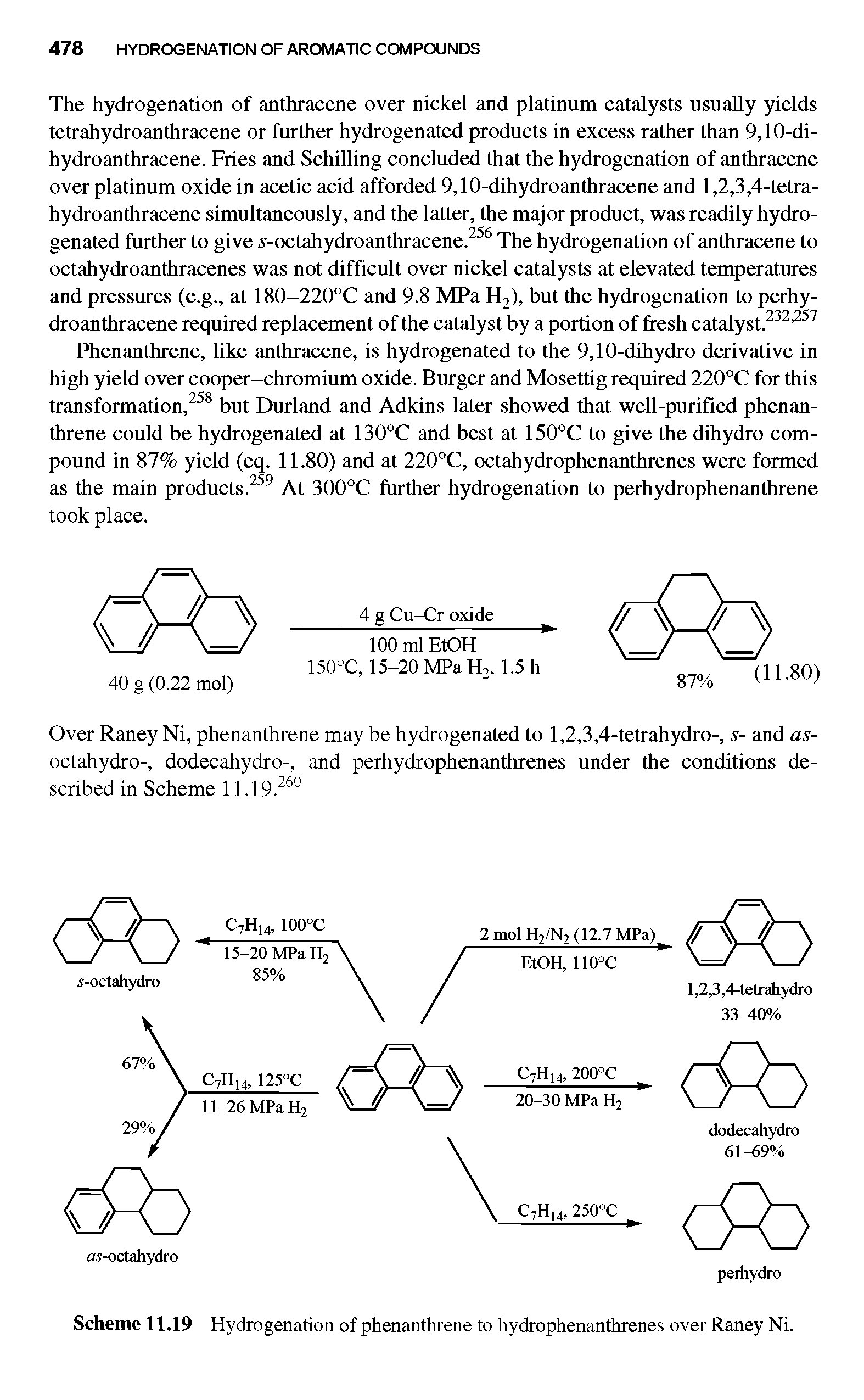 Scheme 11.19 Hydrogenation of phenanthrene to hydrophenanthrenes over Raney Ni.