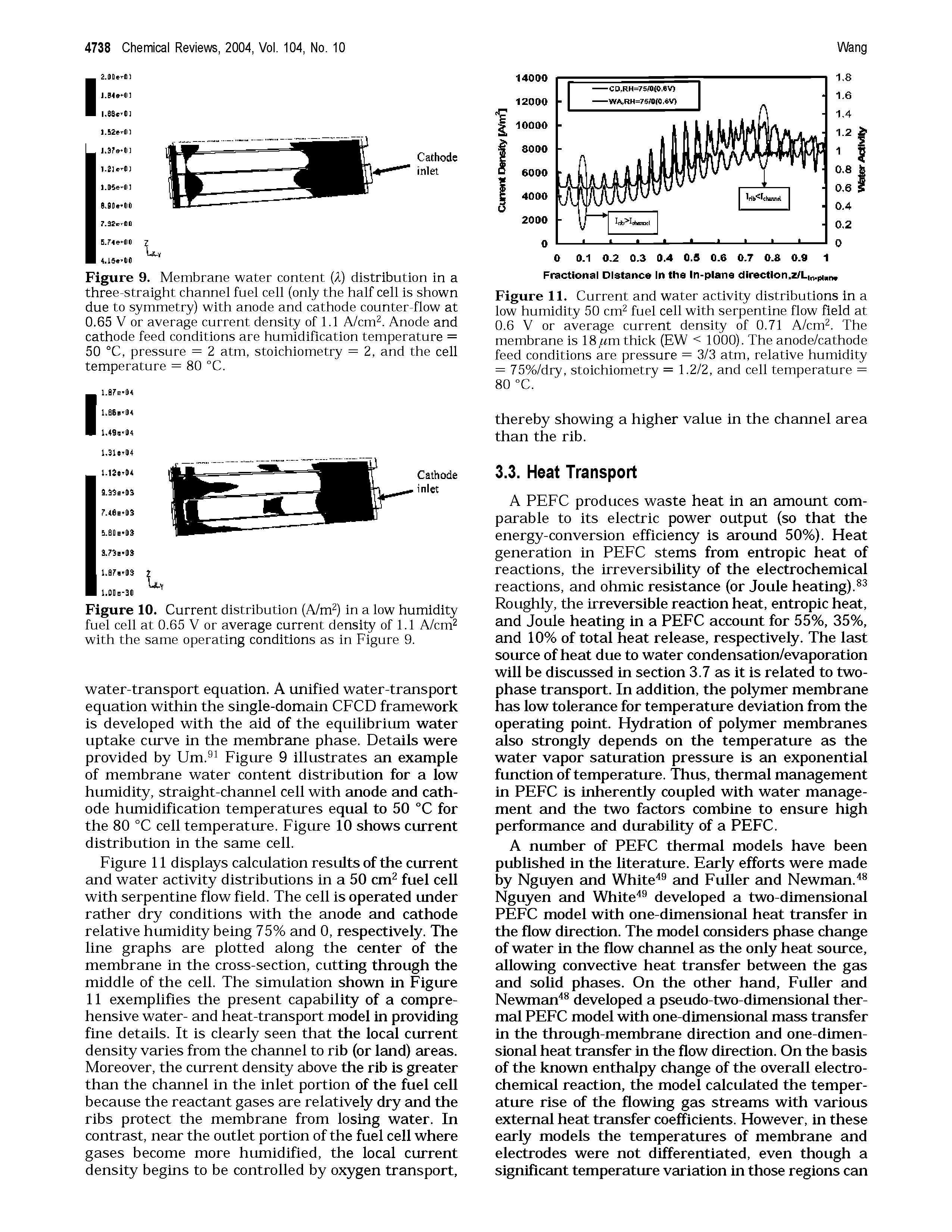 Figure 9. Membrane water content (A) distribution in a three-straight channel fuel cell (only the half cell is shown due to symmetry) with anode and cathode counter-flow at 0.65 V or average current density of 1.1 A/cm. Anode and cathode feed conditions are humidification temperature = 50 °C, pressure = 2 atm, stoichiometry = 2, and the cell temperature = 80 °C.