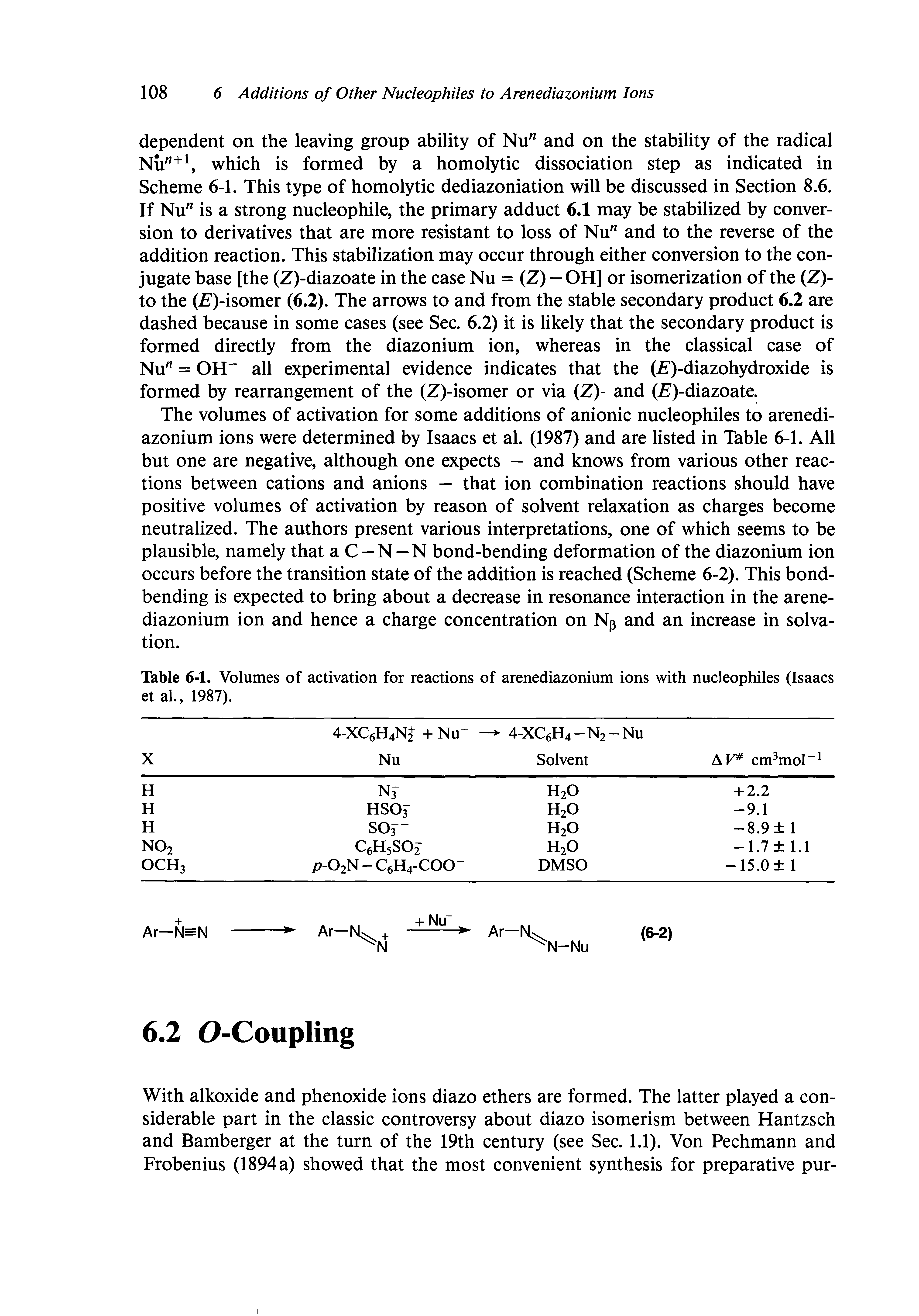 Table 6-1. Volumes of activation for reactions of arenediazonium ions with nucleophiles (Isaacs et al., 1987).