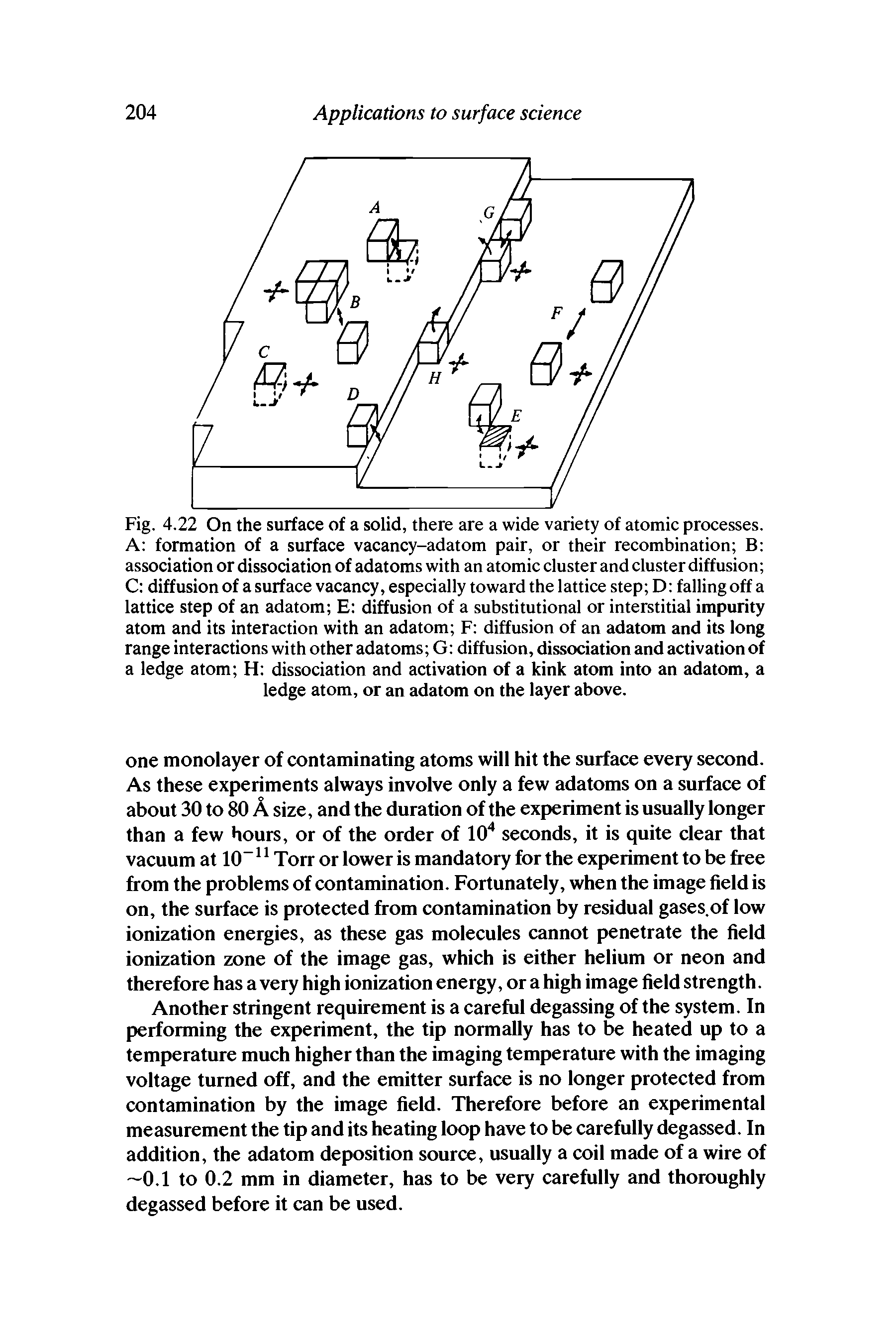 Fig. 4.22 On the surface of a solid, there are a wide variety of atomic processes. A formation of a surface vacancy-adatom pair, or their recombination B association or dissociation of adatoms with an atomic cluster and cluster diffusion C diffusion of a surface vacancy, especially toward the lattice step D falling off a lattice step of an adatom E diffusion of a substitutional or interstitial impurity atom and its interaction with an adatom F diffusion of an adatom and its long range interactions with other adatoms G diffusion, dissociation and activation of a ledge atom H dissociation and activation of a kink atom into an adatom, a ledge atom, or an adatom on the layer above.