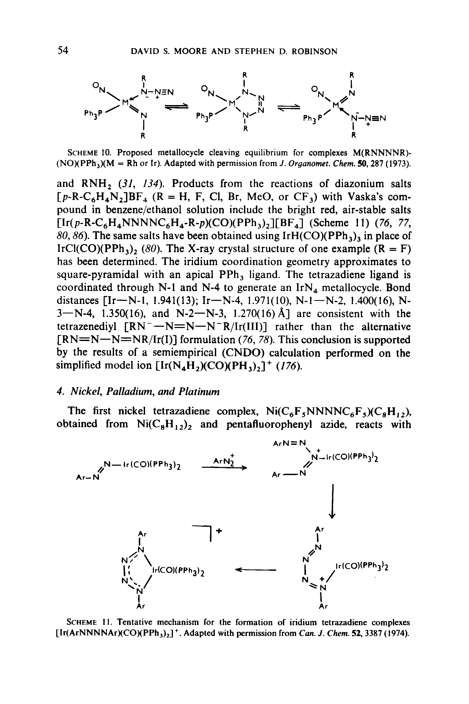 Scheme II. Tentative mechanism for the formation of iridium tetrazadiene complexes [IrlArNNNNArXCOXPPhjlj]. Adapted with permission from Can. J. Chem. 52, 3387 (1974).