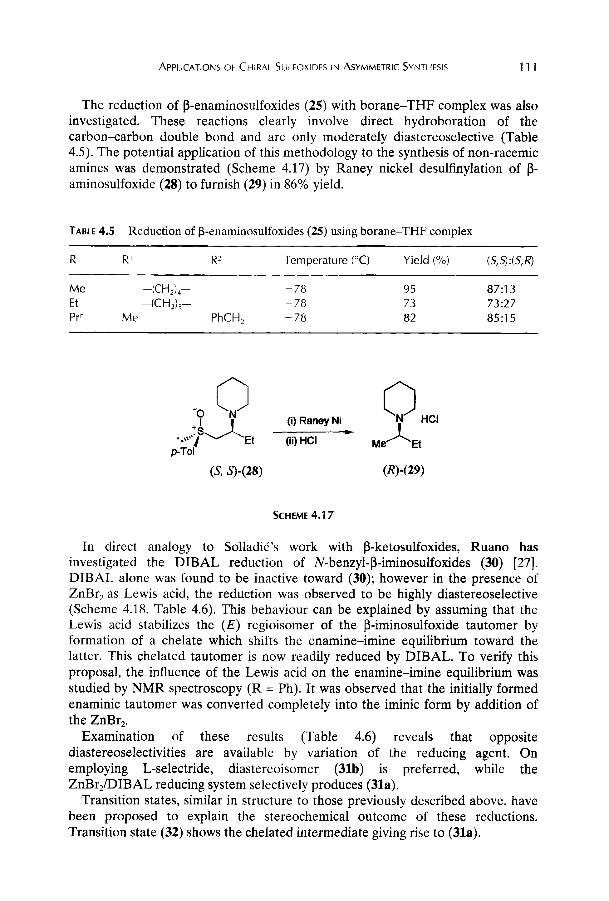 Table 4.5 Reduction of p-enaminosulfoxides (25) using borane-THF complex...