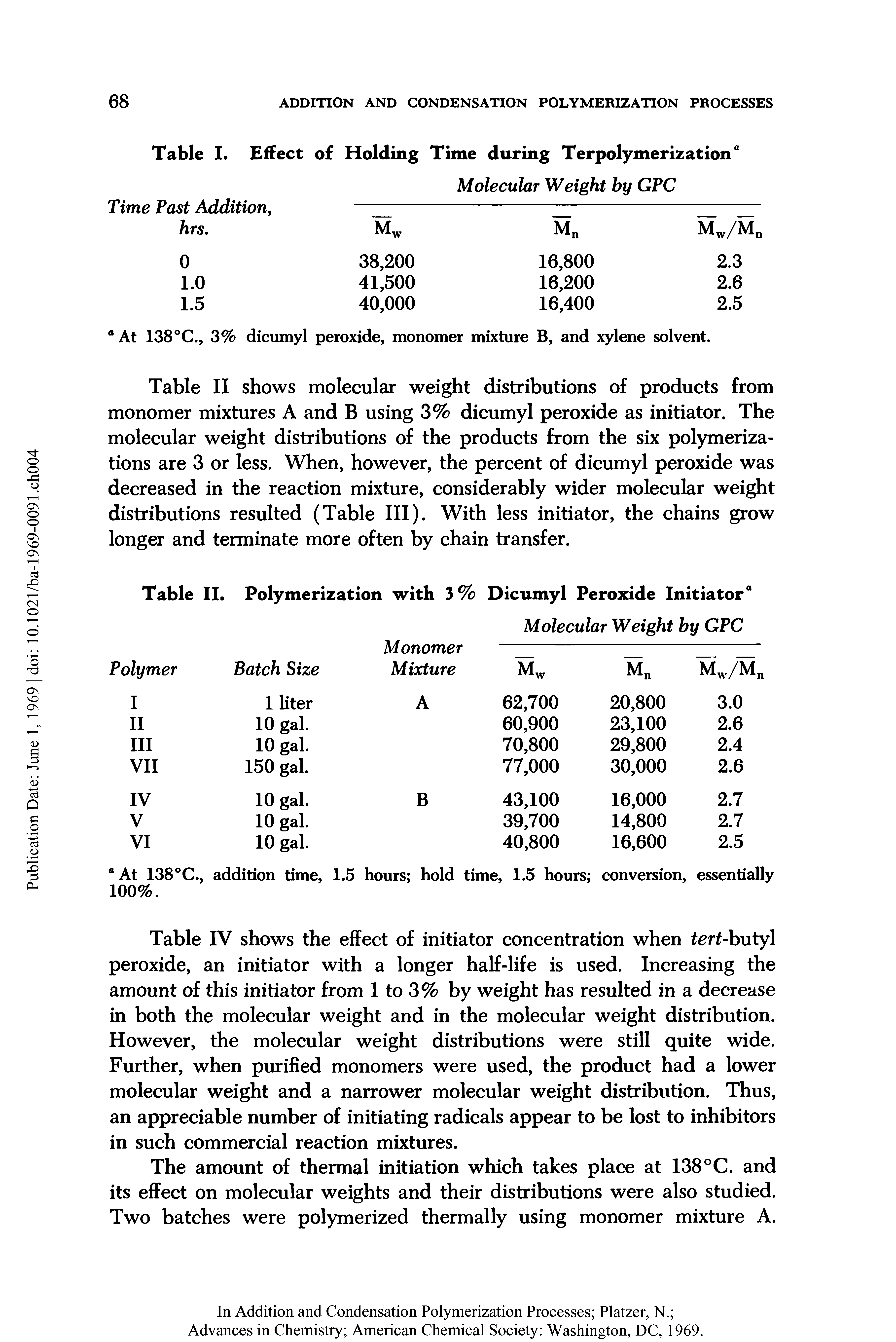 Table II shows molecular weight distributions of products from monomer mixtures A and B using 3% dicumyl peroxide as initiator. The molecular weight distributions of the products from the six polymerizations are 3 or less. When, however, the percent of dicumyl peroxide was decreased in the reaction mixture, considerably wider molecular weight distributions resulted (Table III). With less initiator, the chains grow longer and terminate more often by chain transfer.