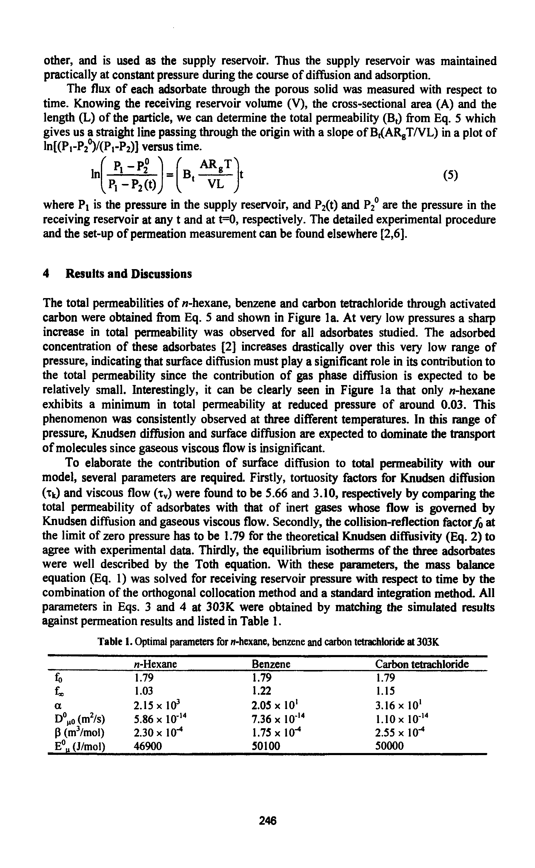 Table 1. Optimal parameteis for n-hexane, benzene and caibon tetrachloride at 3Q3K...