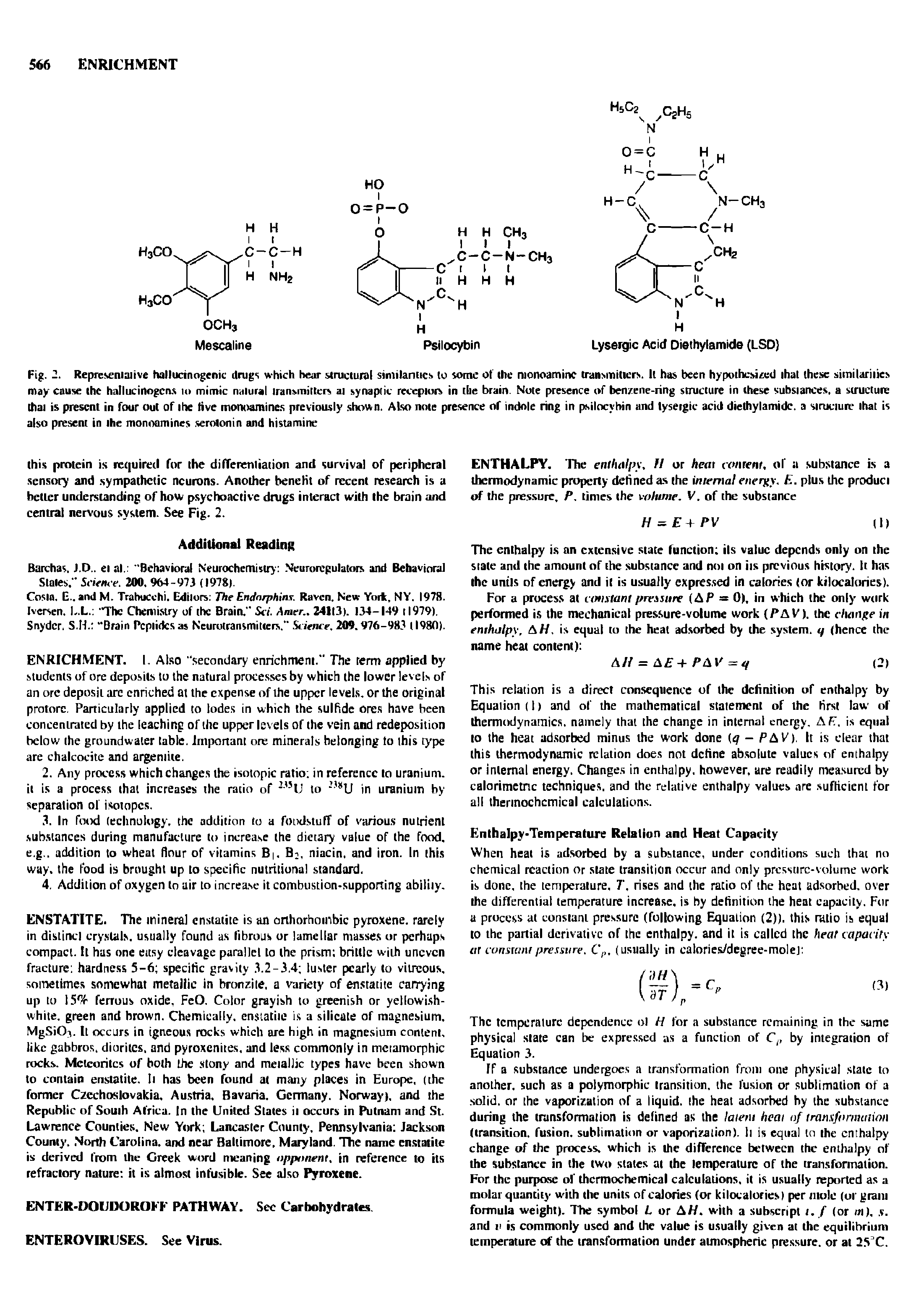 Fig. 2. Representative hallucinogenic drugs which hear structural similarities to some of the monoamine transmitters. It has been hypothesized that these similarities may cause the hallucinogens 10 mimic natural transmitters at synaptic receptors in the brain. Note presence of benzene-ring structure in these substances, a structure that is present in four out of the live monoamines previously shown. Also note presence of indole ring in psilocybin and lyseigic acid diethylamide, a structure that is also present in the monoamines serotonin and histamine...