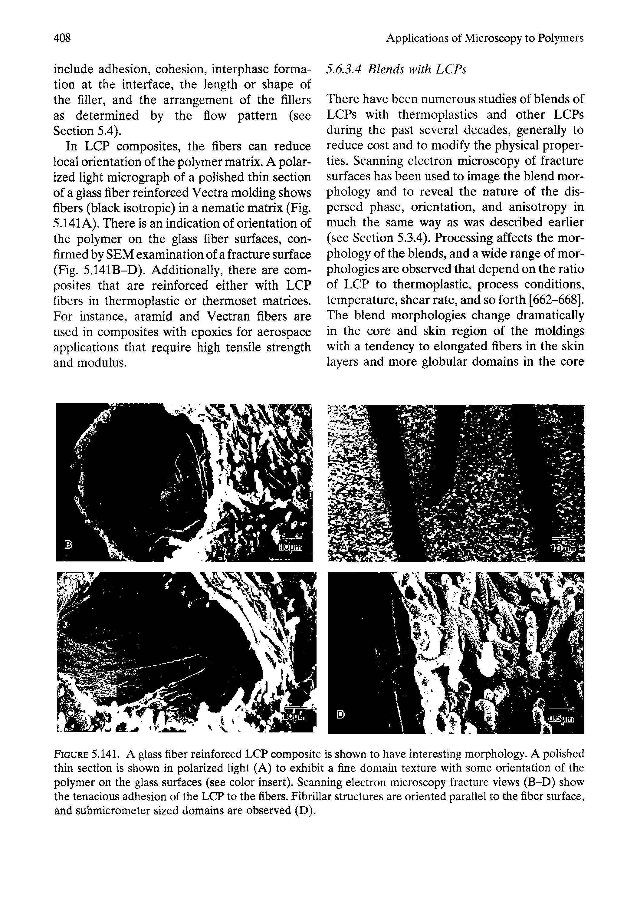 Figure 5.141. A glass fiber reinforced LCP composite is shown to have interesting morphology. A polished thin section is shown in polarized light (A) to exhibit a fine domain texture with some orientation of the polymer on the glass surfaces (see color insert). Scanning electron microscopy fracture views (B-D) show the tenacious adhesion of the LCP to the fibers. Fibrillar structures are oriented parallel to the fiber surface, and submicrometer sized domains are observed (D).