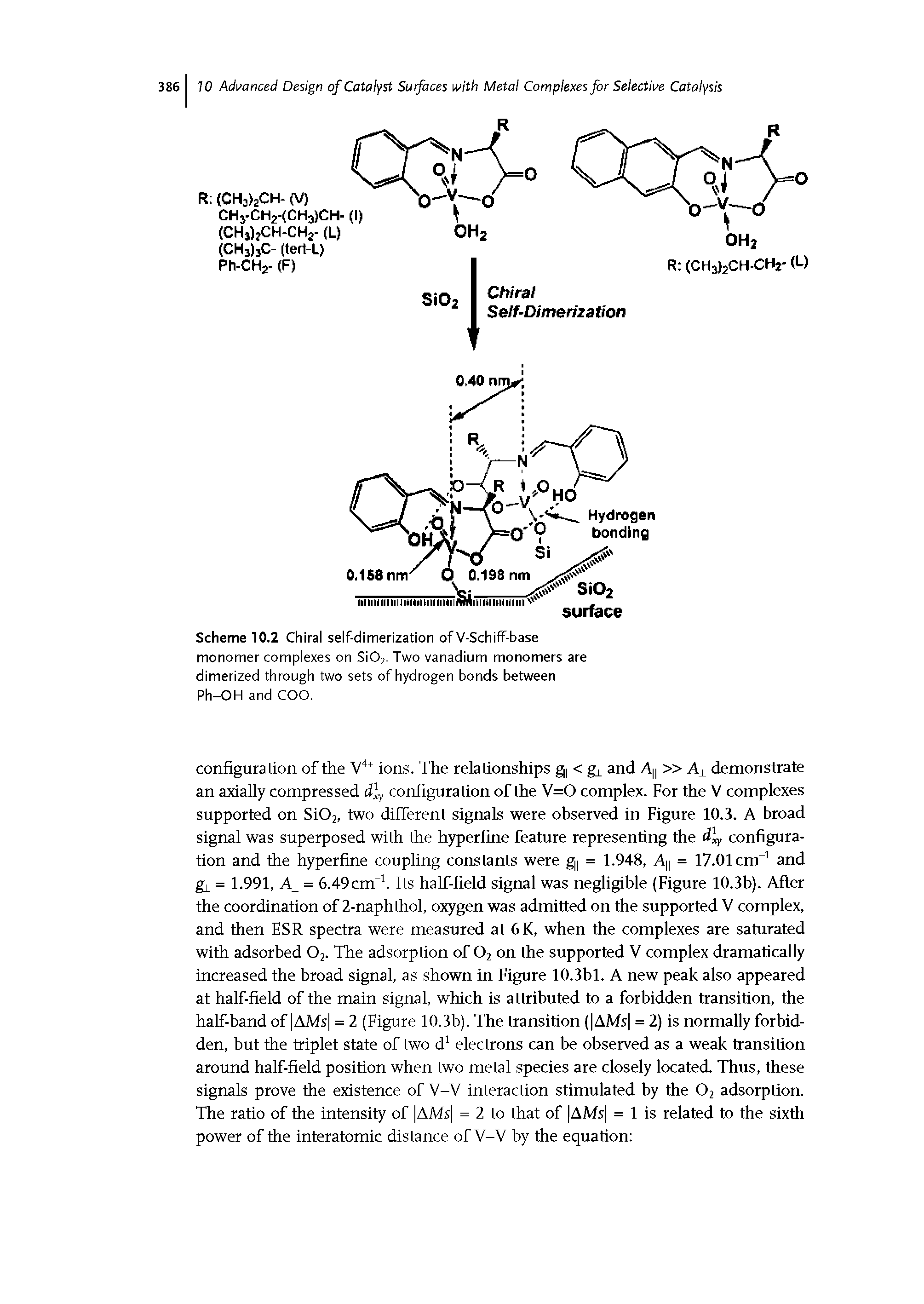 Scheme 10.2 Chiral self-dimerization of V-Schiff-base monomer complexes on Si02. Two vanadium monomers are dimerized through two sets of hydrogen bonds between Ph-OH and COO.