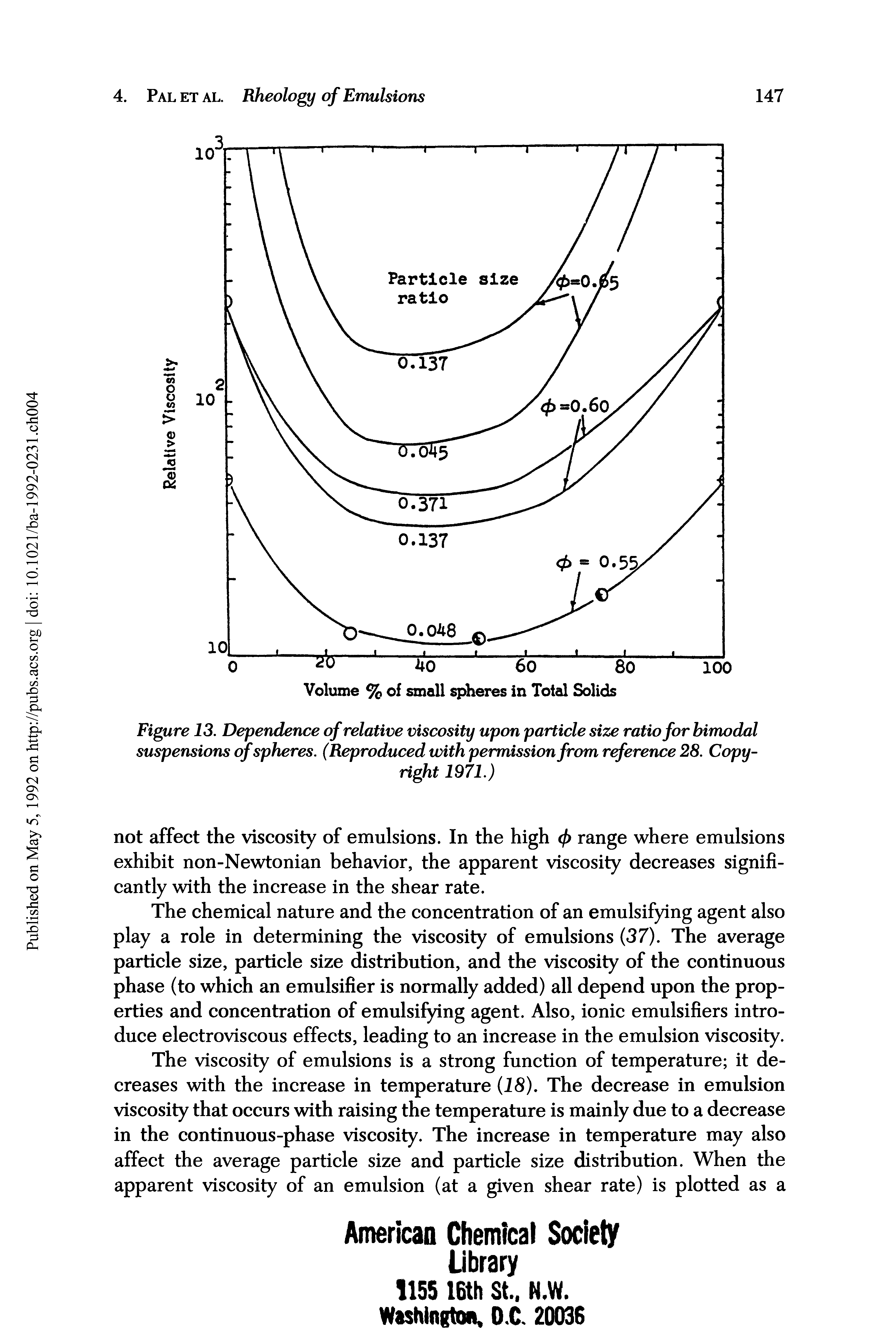 Figure 13. Dependence of relative viscosity upon particle size ratio for himodal suspensions of spheres. (Reproduced with permission from reference 28. Copyright 1971.)...