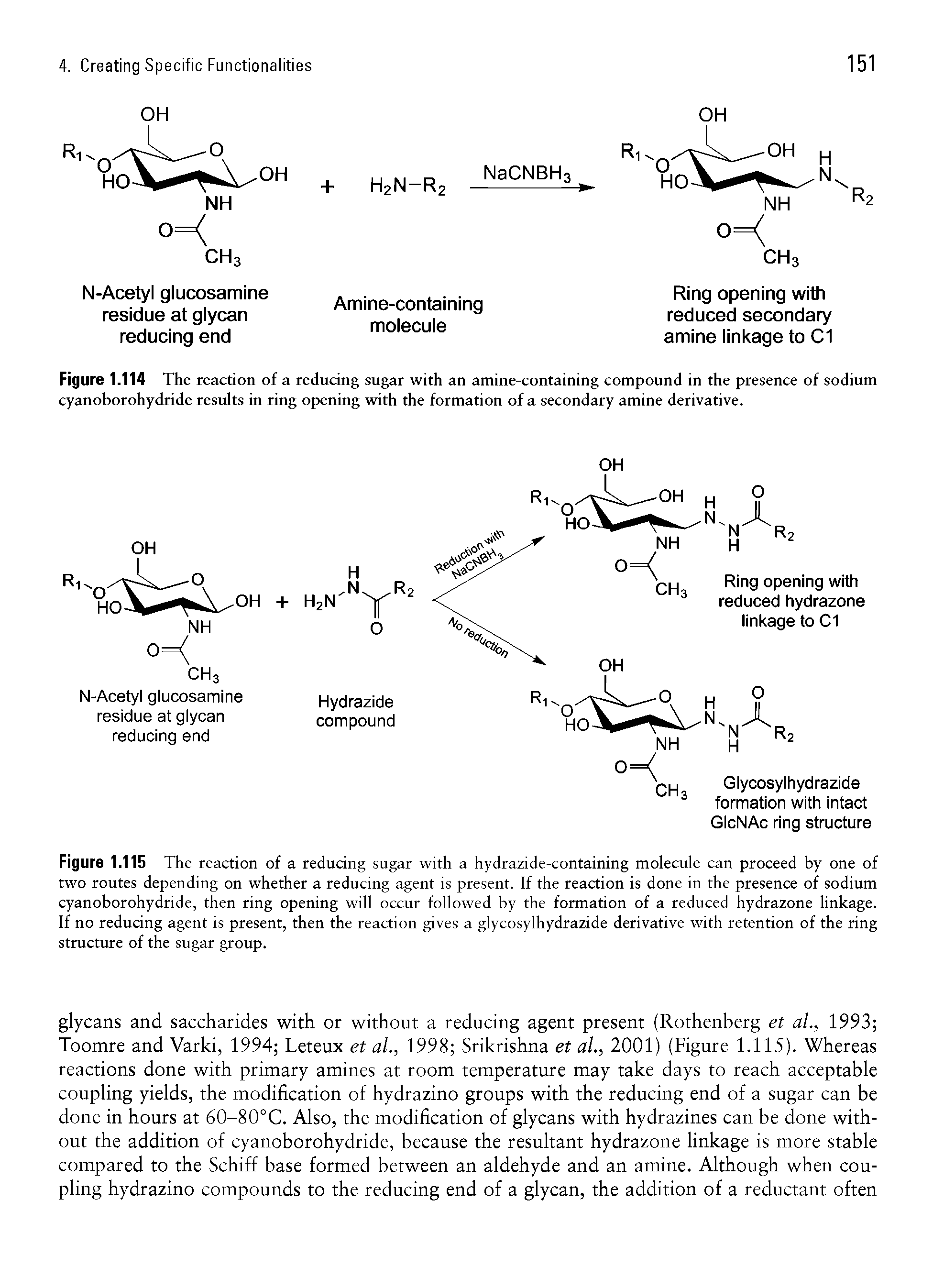 Figure 1.114 The reaction of a reducing sugar with an amine-containing compound in the presence of sodium cyanoborohydride results in ring opening with the formation of a secondary amine derivative.