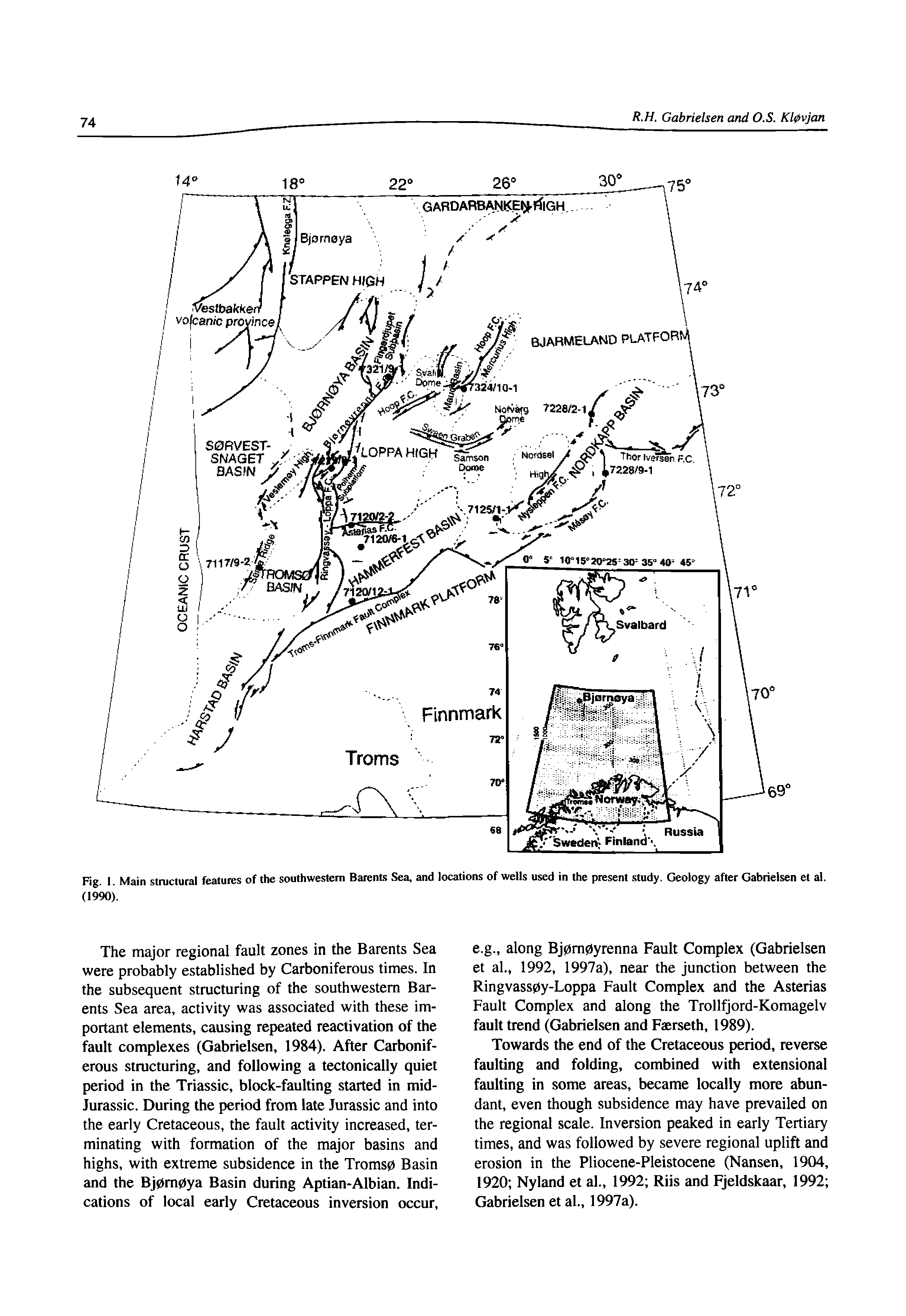 Fig. 1. Main structural features of the southwestern Barents Sea, and locations of wells used in the present study. Geology after Gabrielsen et al. (1990).