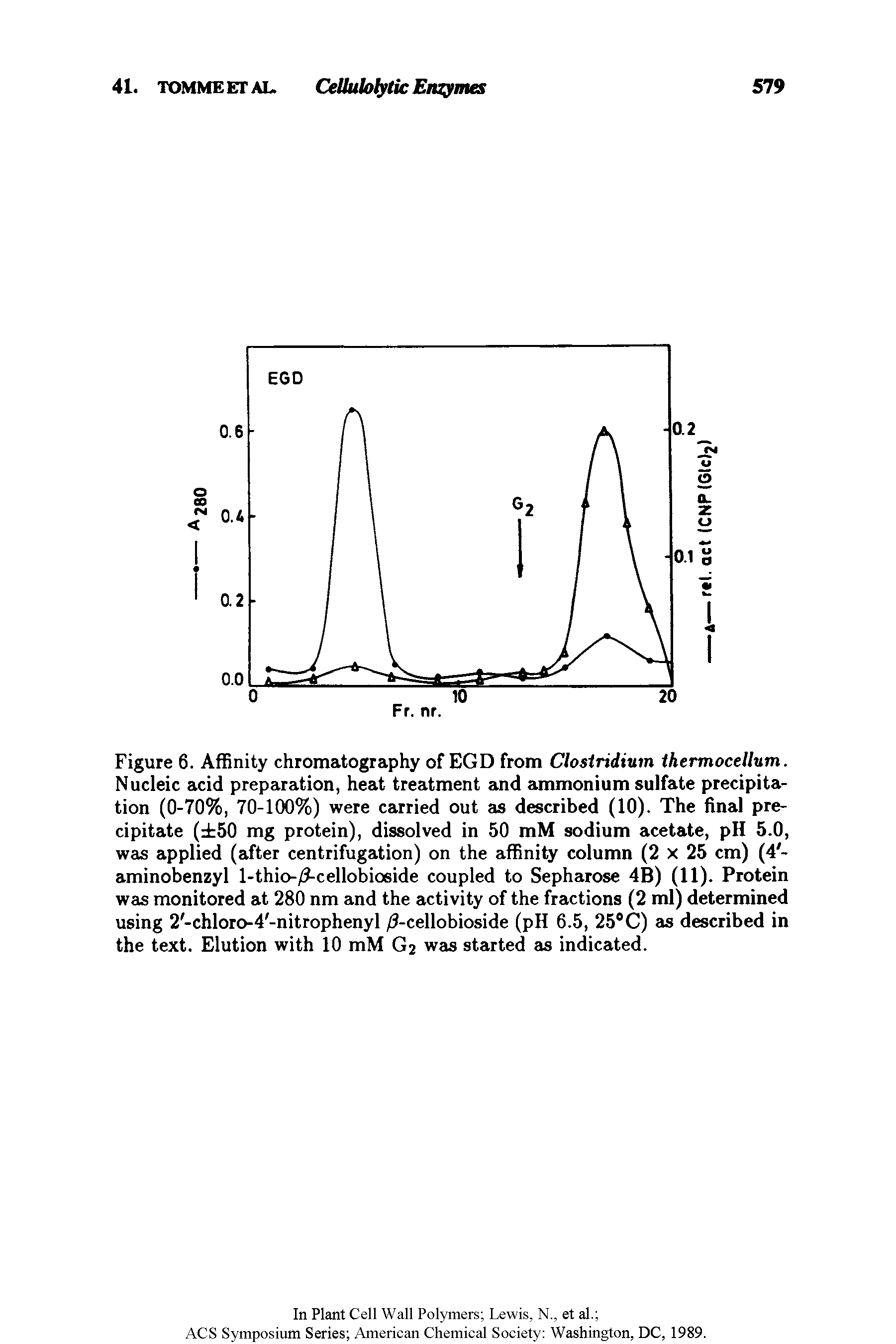 Figure 6. Affinity chromatography of EGD from Clostridium thermocellum. Nucleic acid preparation, heat treatment and ammonium sulfate precipitation (0-70%, 70-100%) were carried out as described (10). The final precipitate ( 50 mg protein), dissolved in 50 mM sodium acetate, pH 5.0, was applied (after centrifugation) on the affinity column (2 x 25 cm) (4 -aminobenzyl l-thio-/ -cellobioside coupled to Sepharose 4B) (11). Protein was monitored at 280 nm and the activity of the fractions (2 ml) determined using 2 -chloro-4 -nitrophenyl / -cellobioside (pH 6.5, 25°C) as described in the text. Elution with 10 mM G2 was started as indicated.