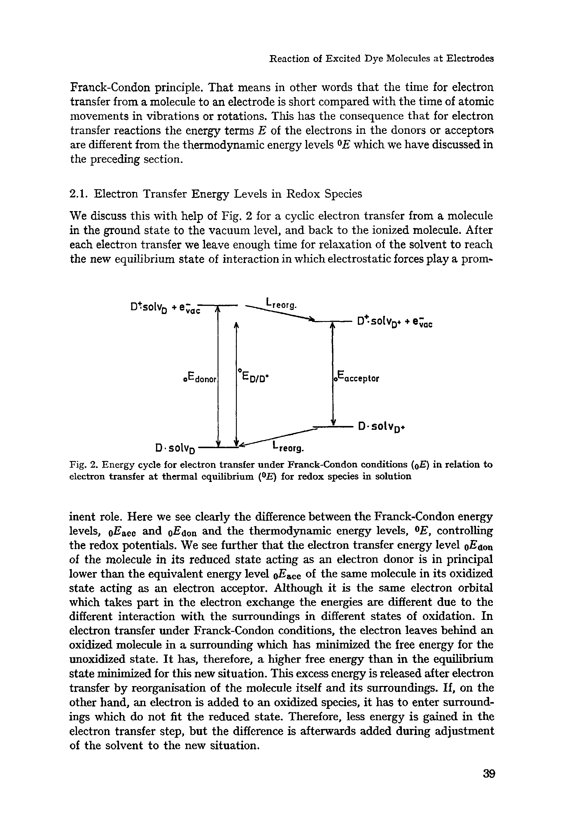 Fig. 2. Energy cycle for electron transfer under Franck-Condon conditions (<> ) in relation to electron transfer at thermal equilibrium (°E) for redox species in solution...