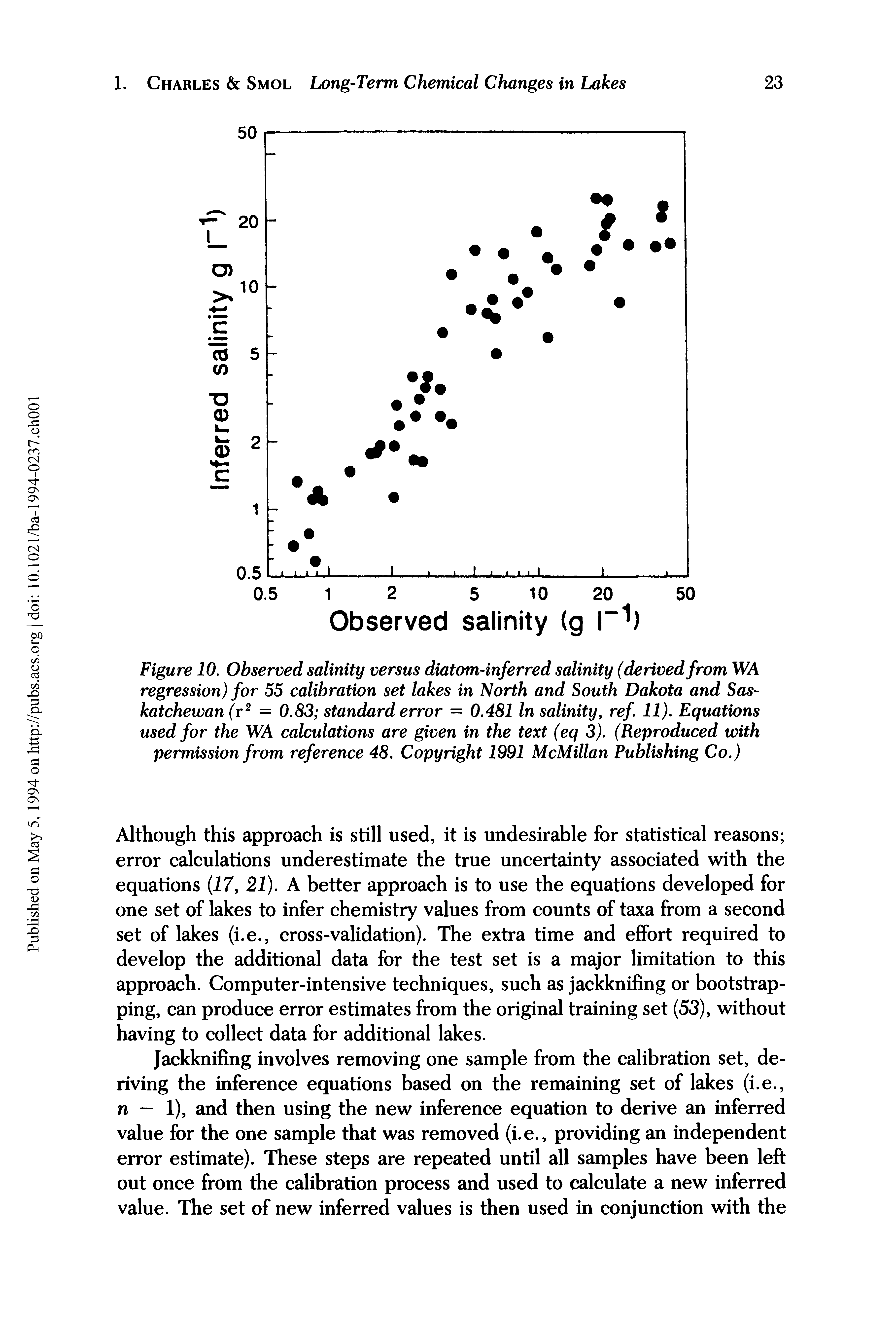 Figure 10. Observed salinity versus diatom-inferred salinity (derived from WA regression) for 55 calibration set lakes in North and South Dakota and Saskatchewan (r2 = 0.83 standard error — 0.481 In salinity, ref. 11). Equations used for the WA calculations are given in the text (eq 3). (Reproduced with permission from reference 48. Copyright 1991 McMillan Publishing Co.)...