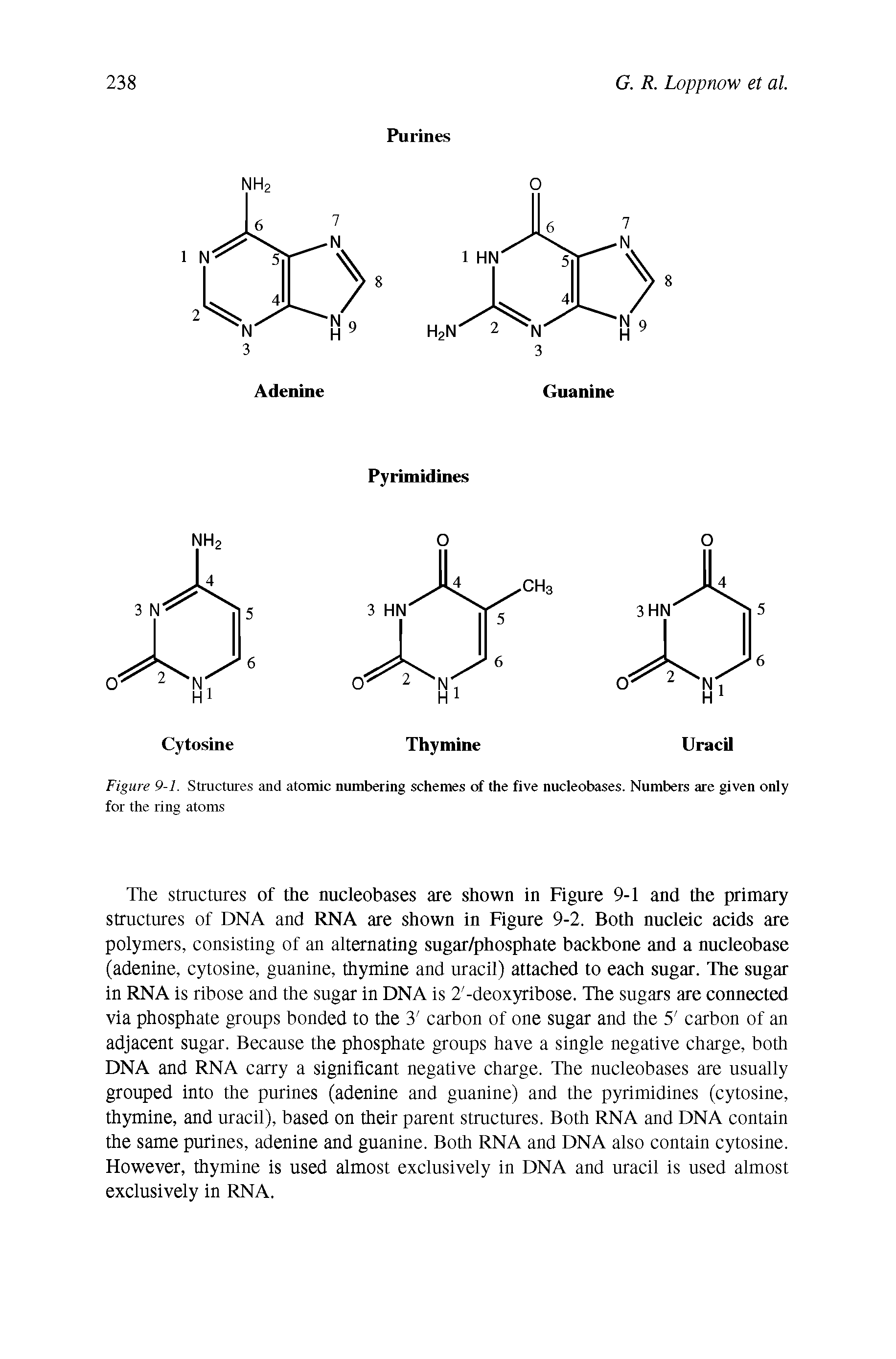 Figure 9-1. Structures and atomic numbering schemes of the five nucleobases. Numbers are given only for the ring atoms...