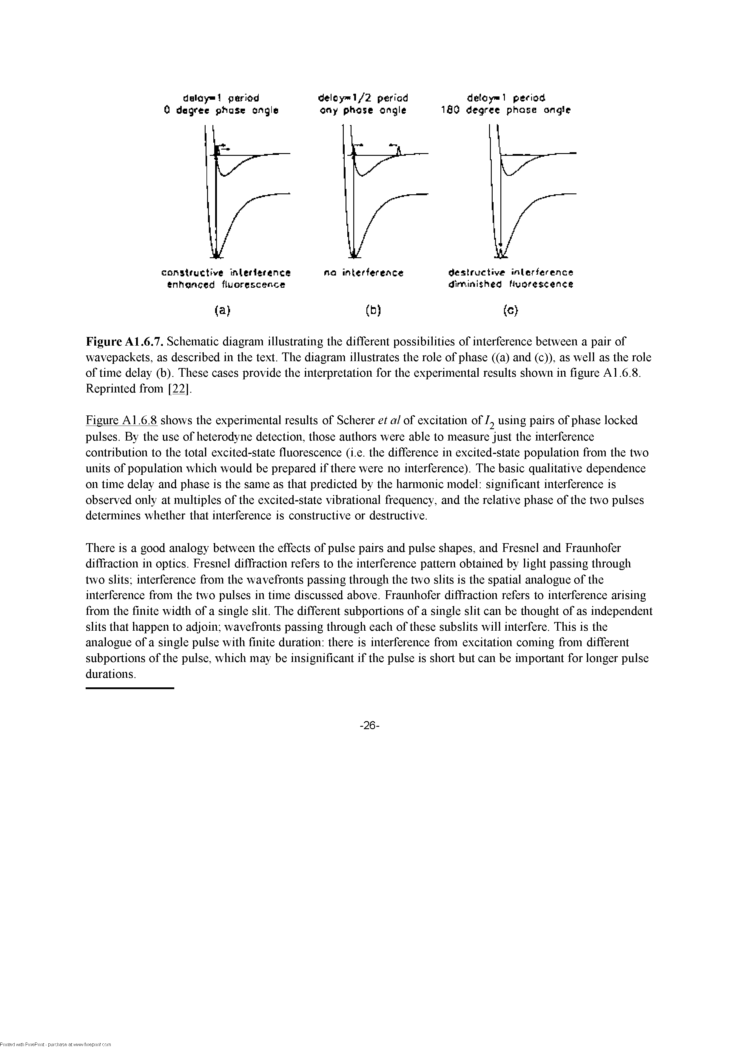 Figure Al.6.7. Schematic diagram illustrating the different possibilities of interference between a pair of wavepackets, as described in the text. The diagram illustrates the role of phase ((a) and (c)), as well as the role of time delay (b). These cases provide the interpretation for the experimental results shown in figure Al.6.8. Reprinted from [22],...