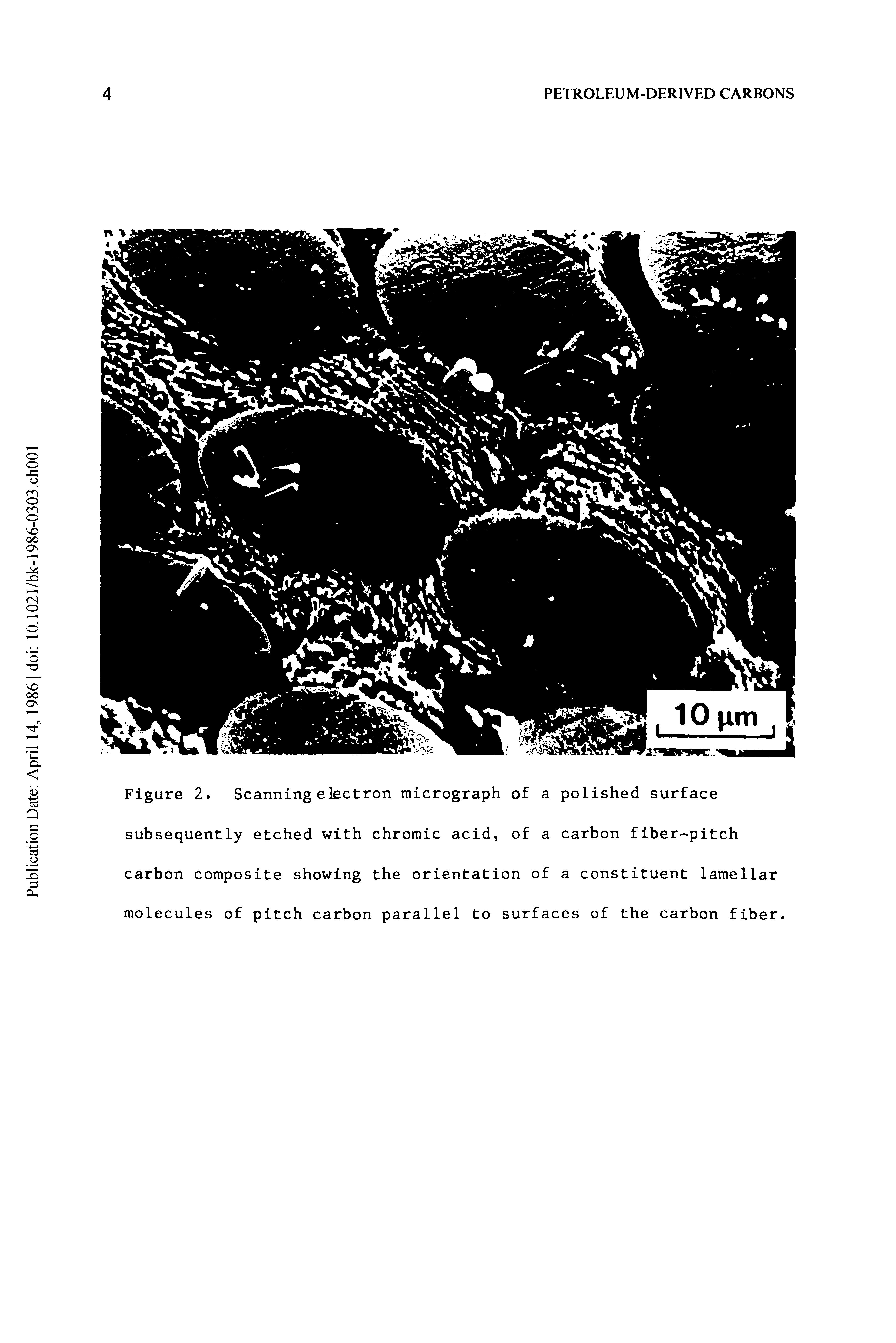 Figure 2. Scanning electron micrograph of a polished surface subsequently etched with chromic acid, of a carbon fiber-pitch carbon composite showing the orientation of a constituent lamellar molecules of pitch carbon parallel to surfaces of the carbon fiber.