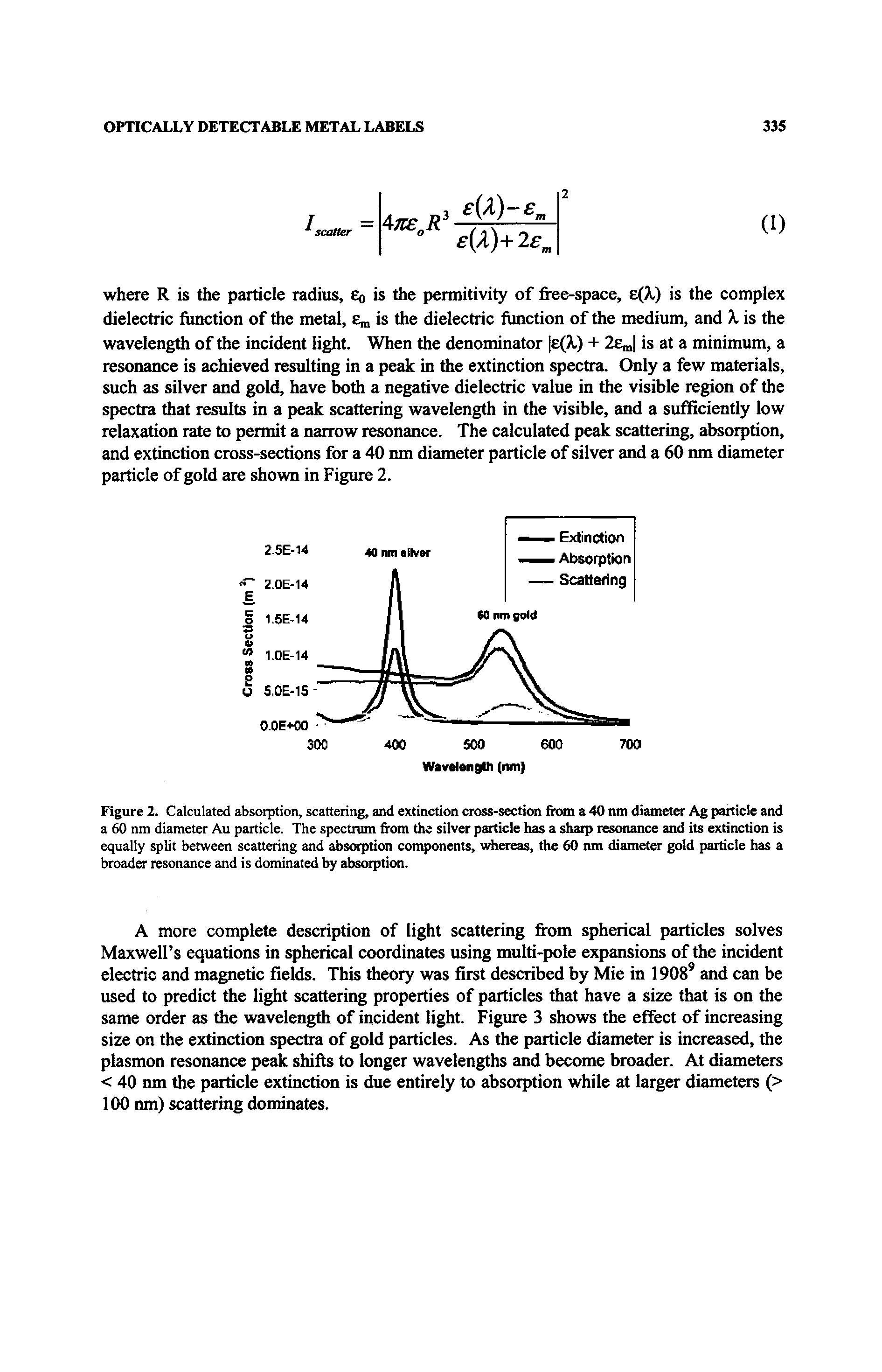 Figure 2. Calculated absorption, scattering, and extinction cross-section from a 40 nm diameter Ag particle and a 60 nm diameter Au particle. The spectrum from the silver particle has a sharp resonance and its extinction is equally split between scattering and absorption components, udiereas, the 60 nm diameter gold particle has a broader resonance and is dominated by absorption.