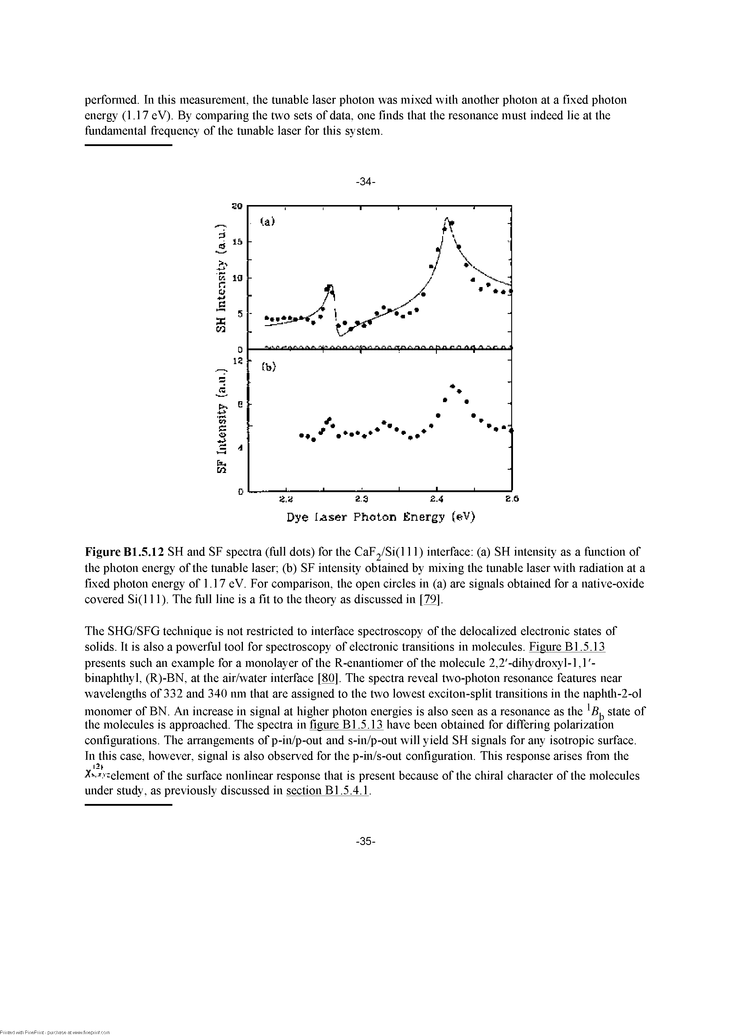 Figure Bl.5.12 SH and SF spectra (frill dots) for the CaF2/Si(l 11) interface (a) SH intensity as a fiinction of the photon energy of the tunable laser (b) SF intensity obtamed by mixmg the tunable laser with radiation at a fixed photon energy of 1.17 eV. For comparison, the open circles in (a) are signals obtained for a native-oxide covered Si(l 11). The fiill line is a fit to the theory as discussed in [79].