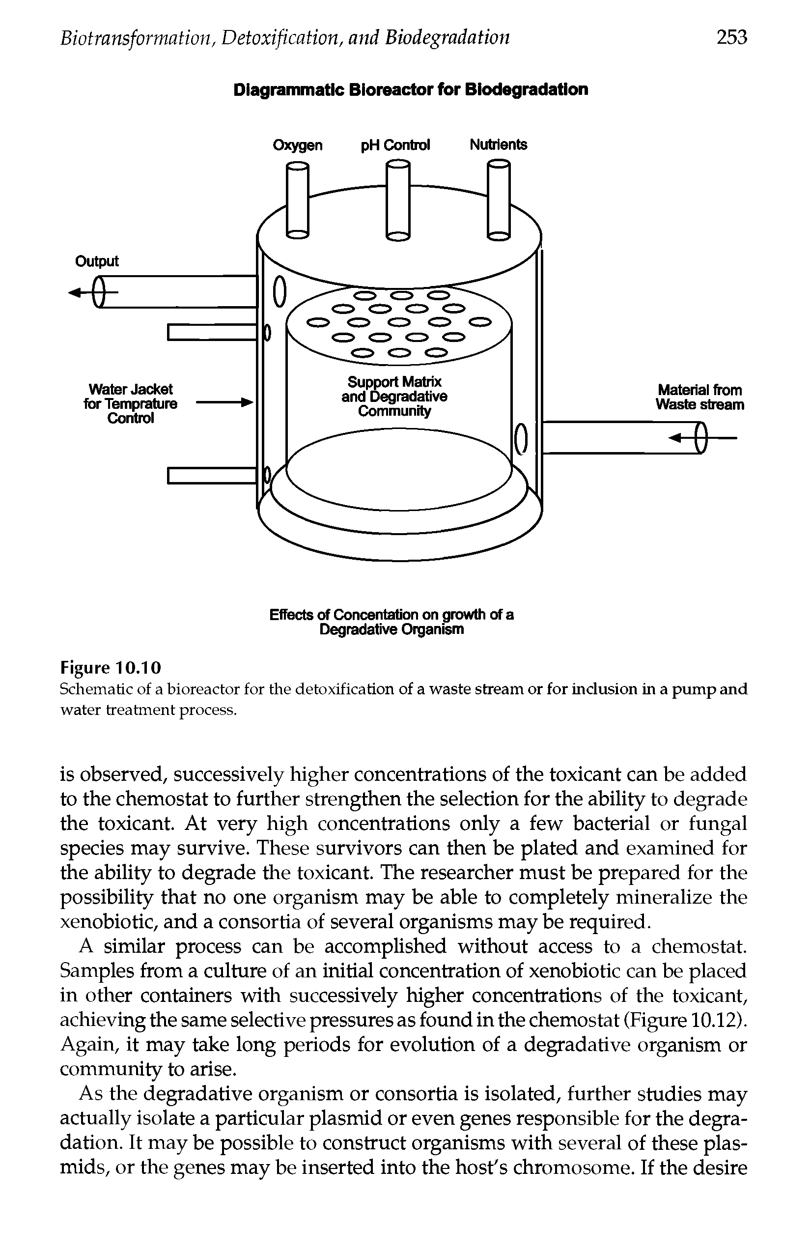 Schematic of a bioreactor for the detoxification of a waste stream or for inclusion in a pump and water treatment process.